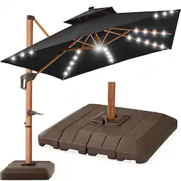 Best Choice Products - 10ft Square Woodgrain Pattern 2-Tier Outdoor Solar LED Cantilever Umbrella w/ Base - Black