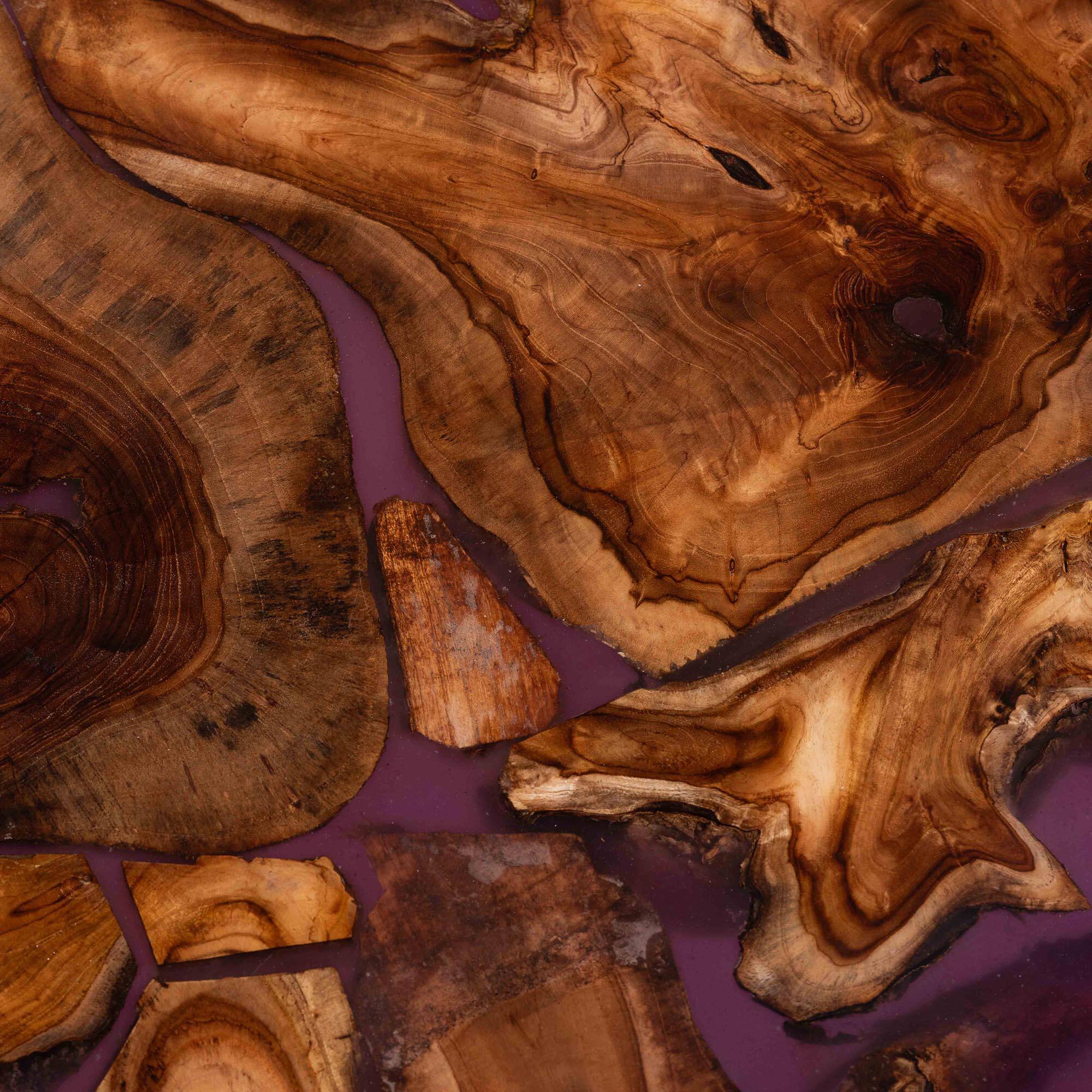 Alt View 2. bali & pari - Apio Round Wood Epoxy Resin Coffee Table - Handcrafted Live Edge Teak Wood with Black Metal Base - Natural Brown/Purple/Black.