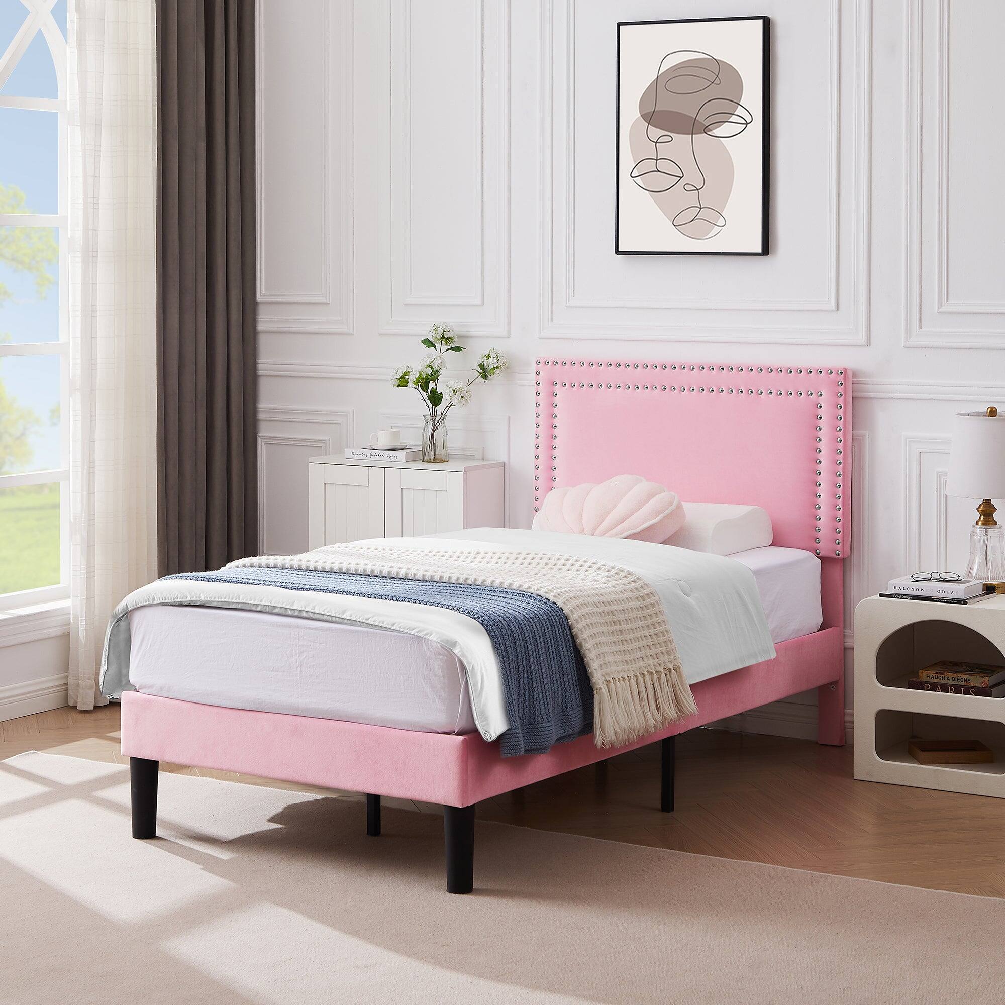 Alt View 1. Vecelo - Twin Size Platform Bed Frame with Adjustable Upholstered Headboard, Strong Wood Slat Support,No Box Spring Needed - Pink.