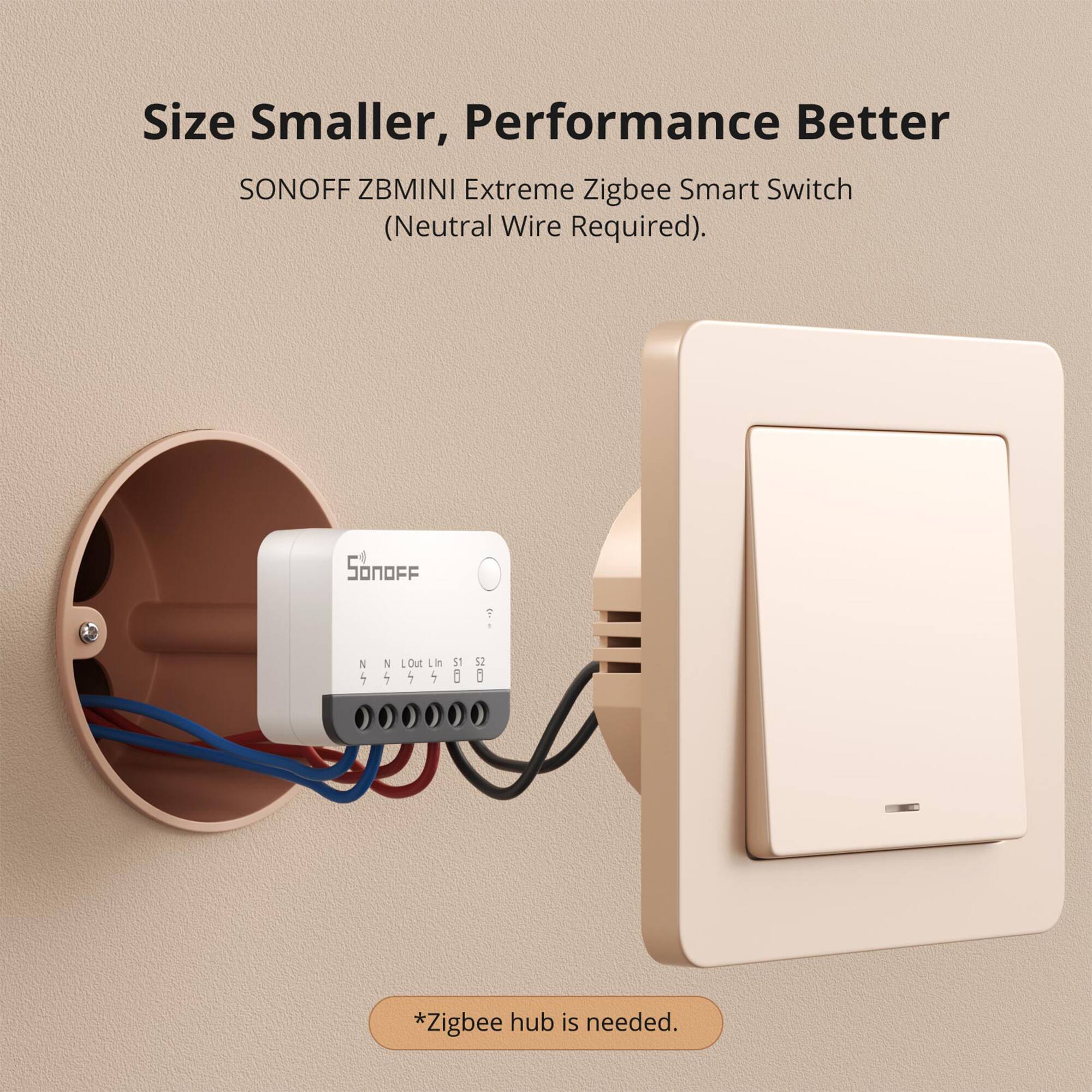 Size Smaller, Performance Better  
SONOFF ZBMINI Extreme Zigbee Smart Switch (Neutral Wire Required).  
*Zigbee hub is needed.