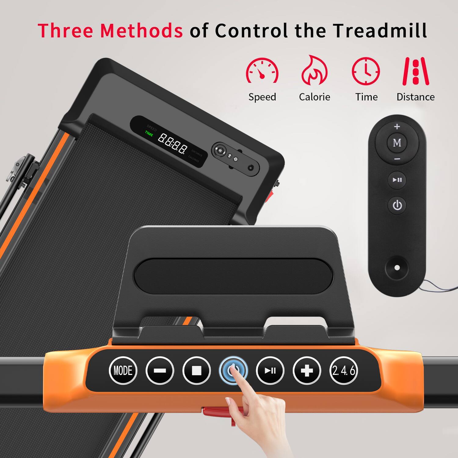 Three Methods of Control the Treadmill

Speed Calorie Time Distance

SPEED TIME 8:88:88

MODE - II + 2.4.6
