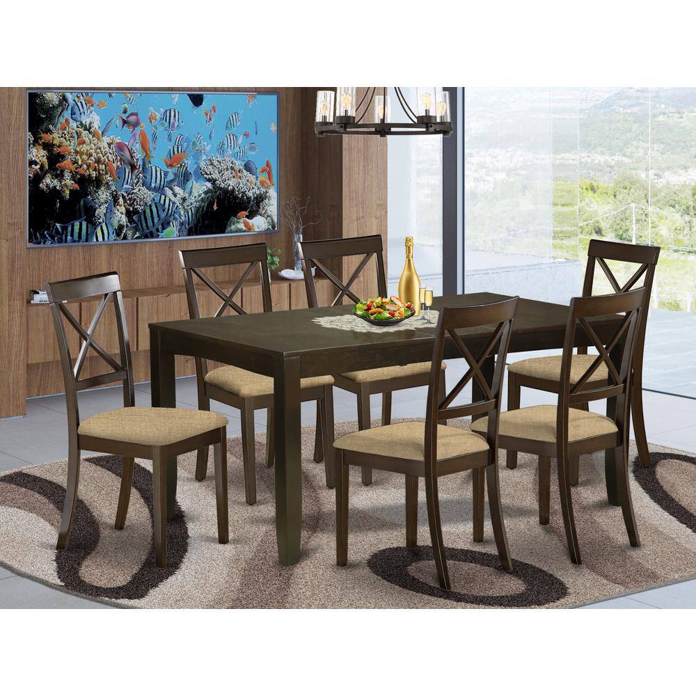 Angle. East West Furniture - LYBO7-CAP-C 7 PC Dining room set-Kitchen Tables with Leaf Plus 6 Chairs for Dining room - Cappuccino.