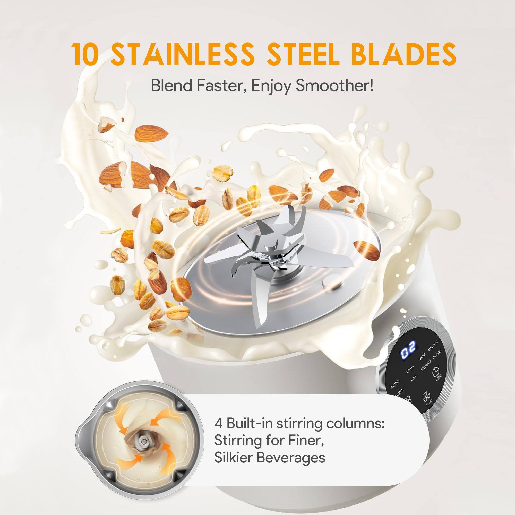 10 STAINLESS STEEL BLADES  
Blend Faster, Enjoy Smoother!  

4 Built-in stirring columns:  
Stirring for Finer, Silkier Beverages