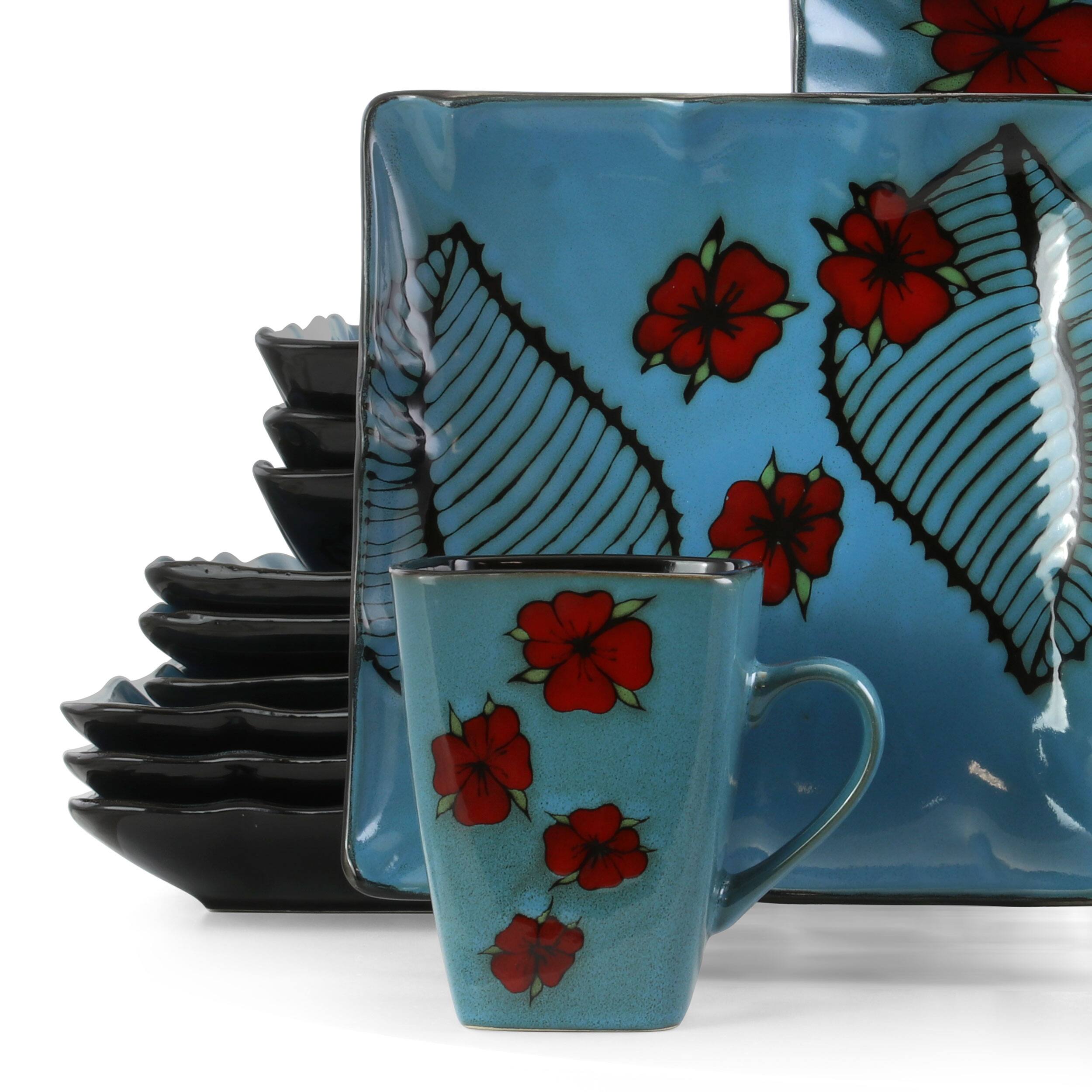 Alt View 3. Elama - Elama Aloha Tide 16 Piece Luxurious Stoneware Dinnerware with Complete Setting for 4 - Blue and Red.