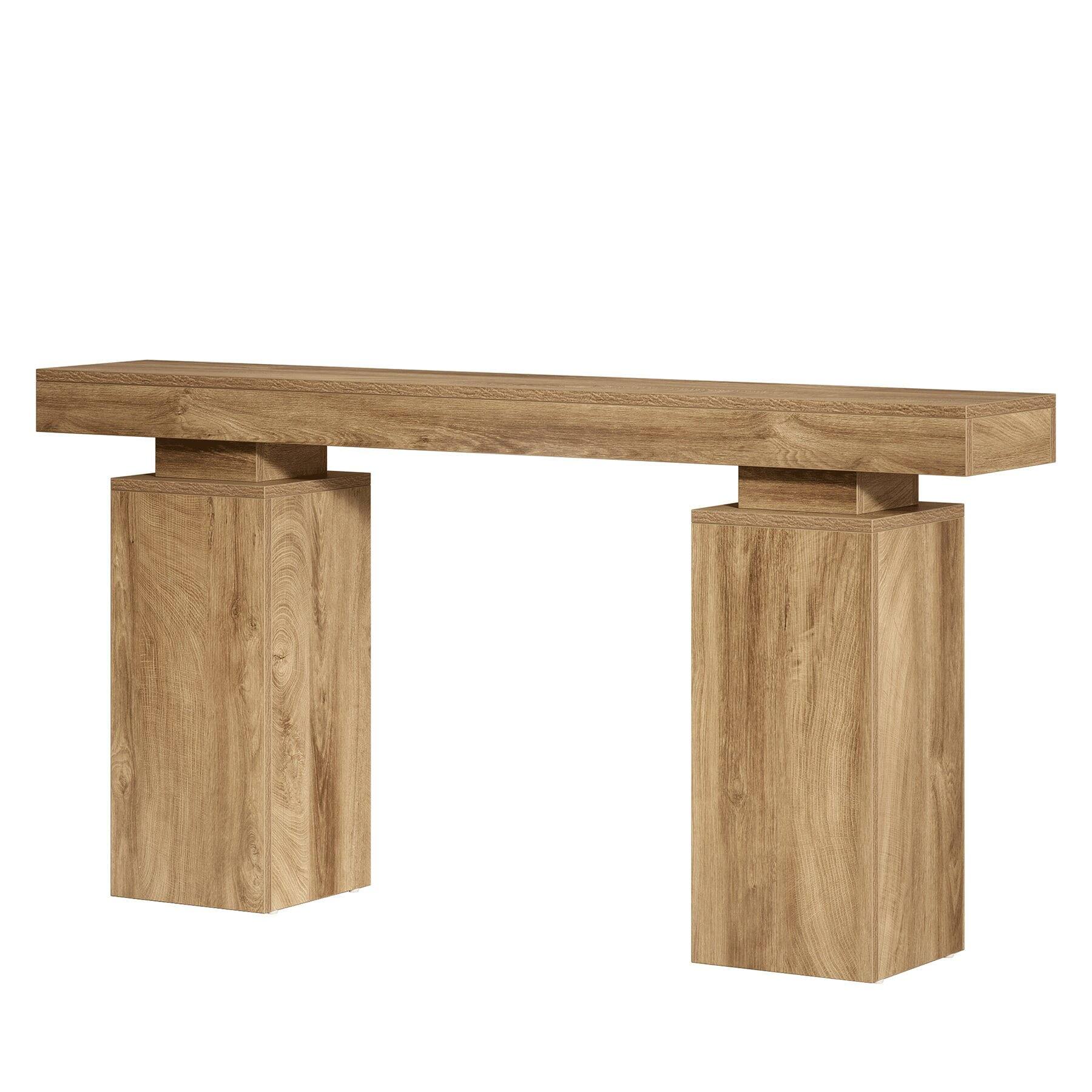 Front. Kadyn - Geometric Base Console Table - Minimalist Sofa Side Table, Natural Wood Living Room Accessory, Entryway Decor, Brown - Brown.
