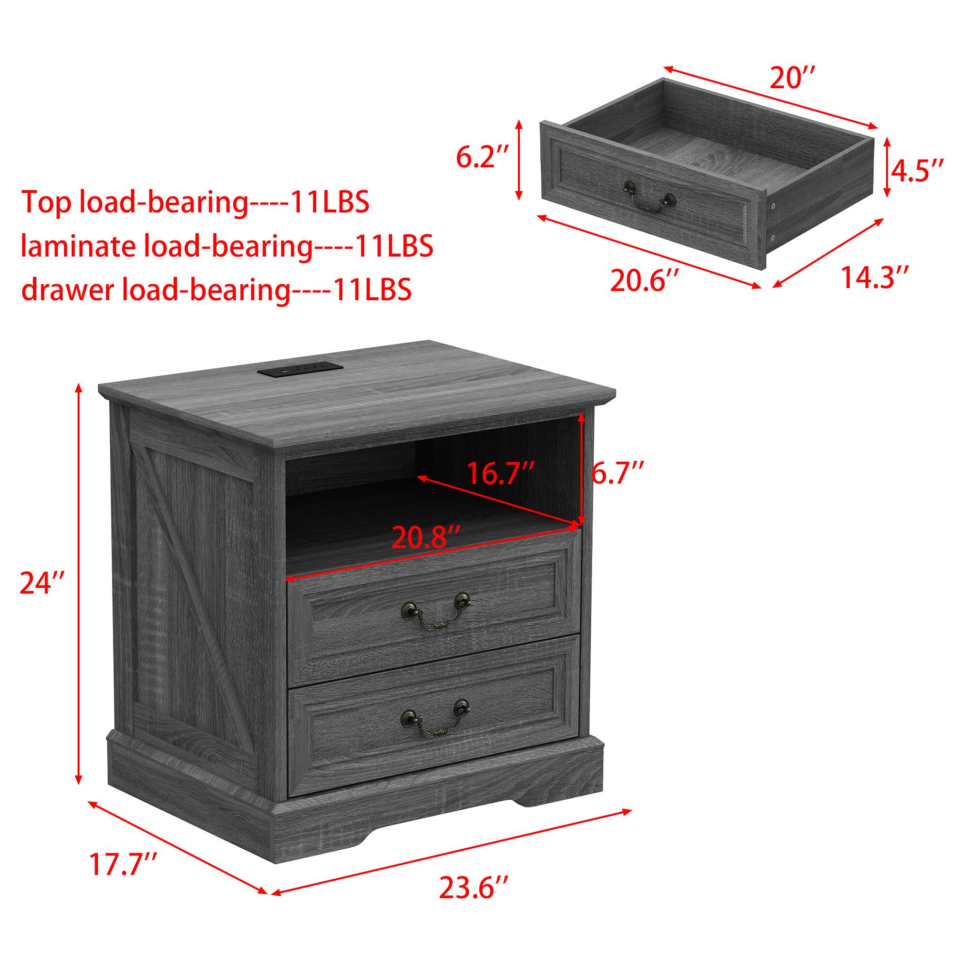 20" 6.2" Top load-bearing----11LBS  
laminate load-bearing----11LBS  
drawer load-bearing----11LBS  

20.6" 4.5" 14.3" 16.7" 6.7" 24" 20.8" 17.7" 23.6"
