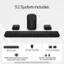 The image features a 5.1 system that includes a 33" soundbar, a wireless subwoofer, and two surround speakers. The system also comes with an HDMI* eARC cable for TV connection and essential speaker cables. Additionally, the package includes a QuickFit* mounting screws for compatible VIZIO TVs. The soundbar remote control is not included, but you can control your soundbar settings with the VIZIO app or TV remote. The "QuickFit" feature, exclusive to VIZIO, allows you to attach your VIZIO soundbar directly to the bottom of compatible VIZIO TVs.