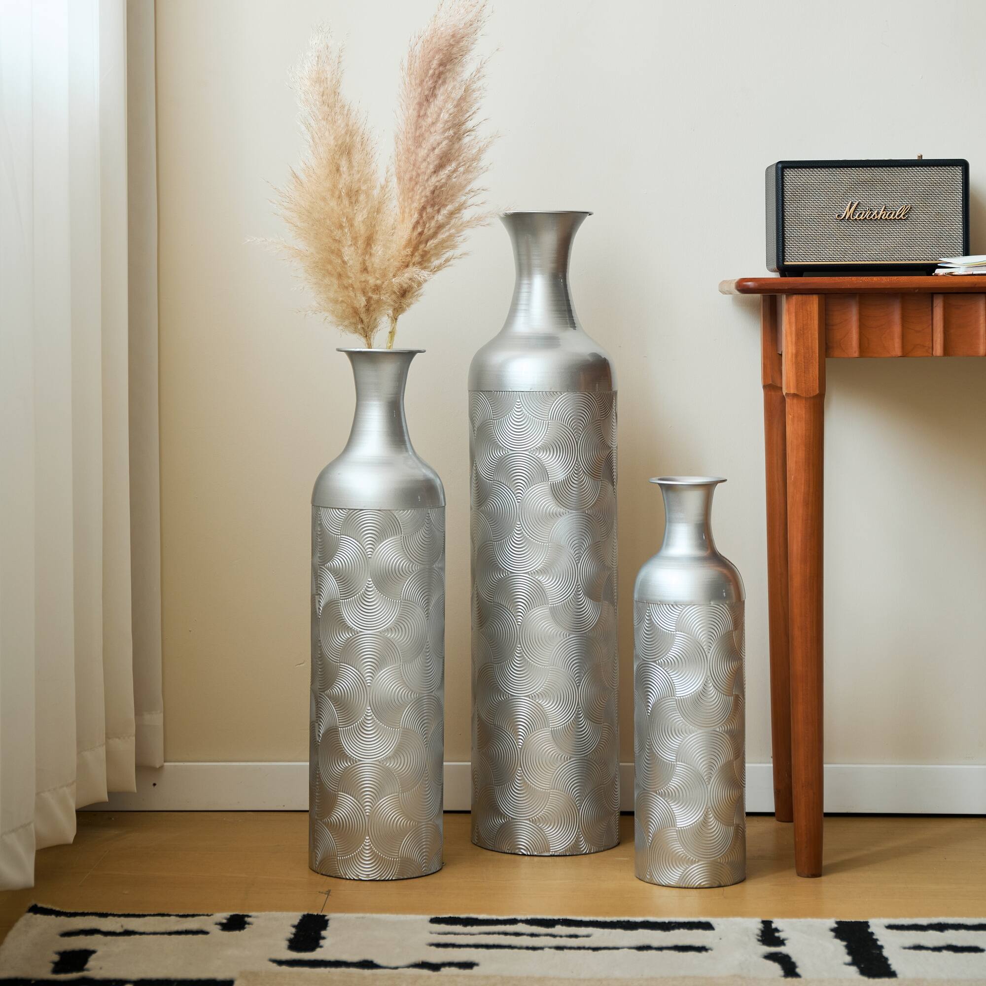 Alt View 2. Boyel Living - Set of 3 Tall Metal Floor Vases with Wave Texture Pattern - Silver.