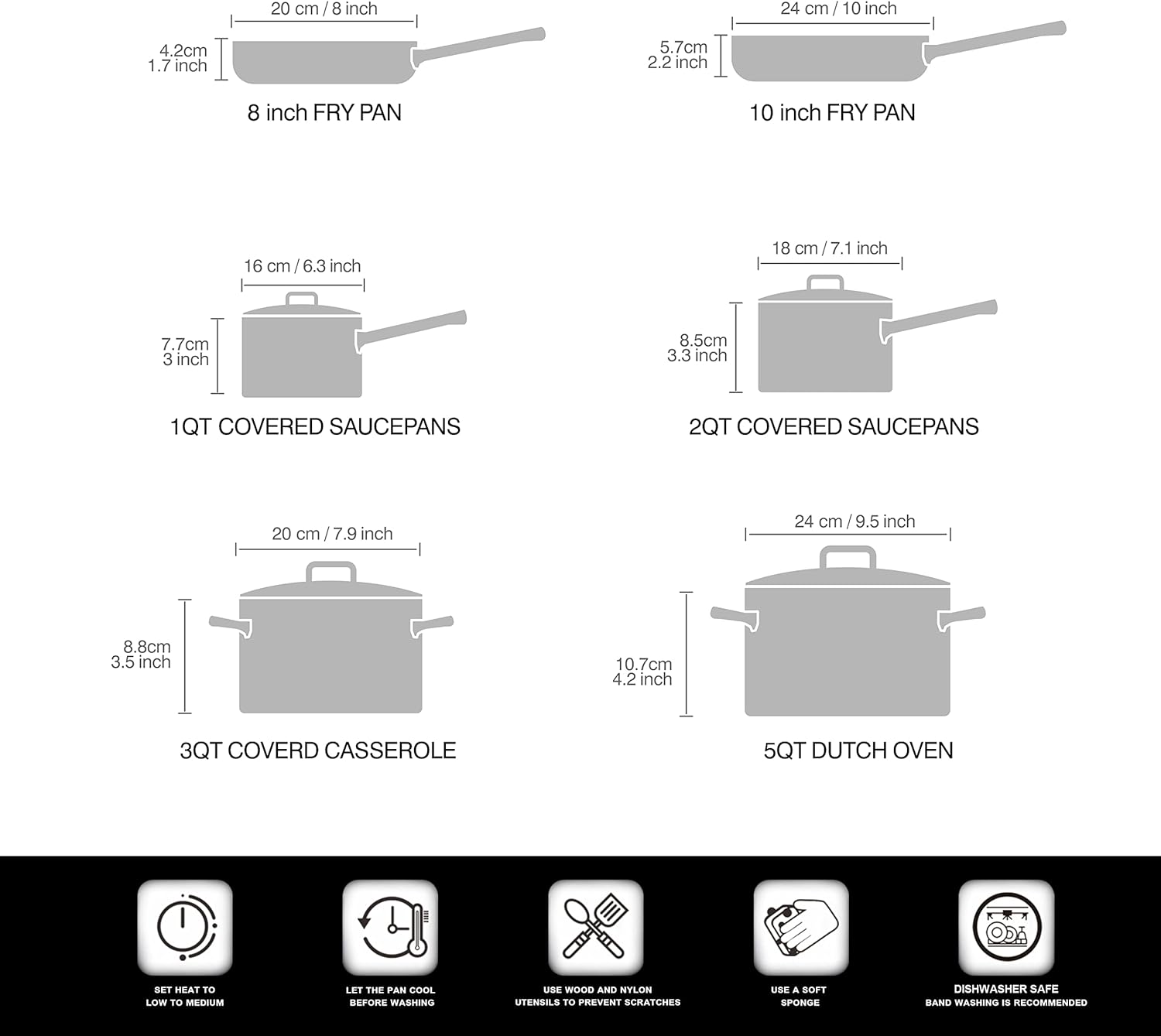 20 cm / 8 inch  
4.2cm / 1.7 inch  
8 inch FRY PAN  

24 cm / 10 inch  
5.7cm / 2.2 inch  
10 inch FRY PAN  

16 cm / 6.3 inch  
7.7cm / 3 inch  
1QT COVERED SAUCEPANS  

18 cm / 7.1 inch  
8.5cm / 3.3 inch  
2QT COVERED SAUCEPANS  

20 cm / 7.9 inch  
8.8cm / 3.5 inch  
3QT COVERD CASSEROLE  

24 cm / 9.5 inch  
10.7cm / 4.2 inch  
5QT DUTCH OVEN  

SET HEAT TO LOW TO MEDIUM  
LET THE PAN COOL BEFORE WASHING  
USE WOOD AND NYLON UTENSILS TO PREVENT SCRATCHES  
USE A SOFT SPONGE  
DISHWASHER SAFE  
BAND WASHING IS RECOMMENDED