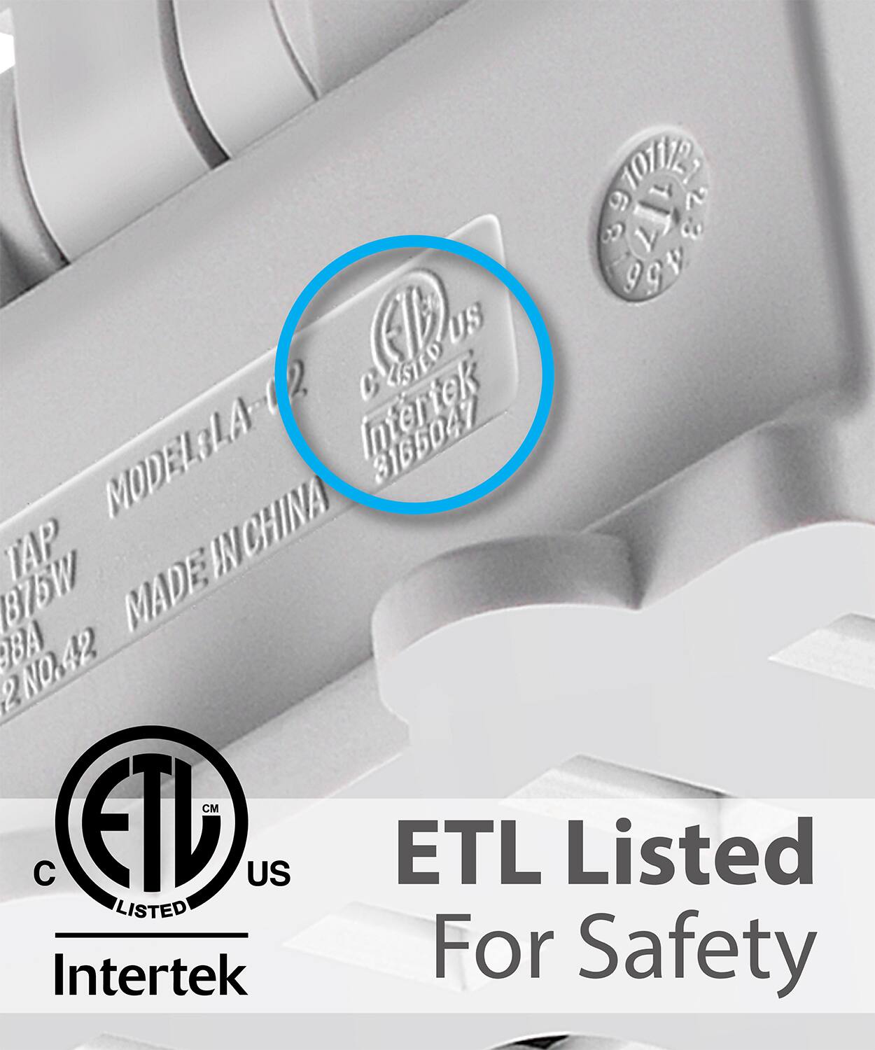 Intertek, ETL Listed For Safety, MODELSLA-02, TAP 18B75W, MADE IN CHINA, 2 NO.42, 9999, 165047, US, ETL US, Intertek