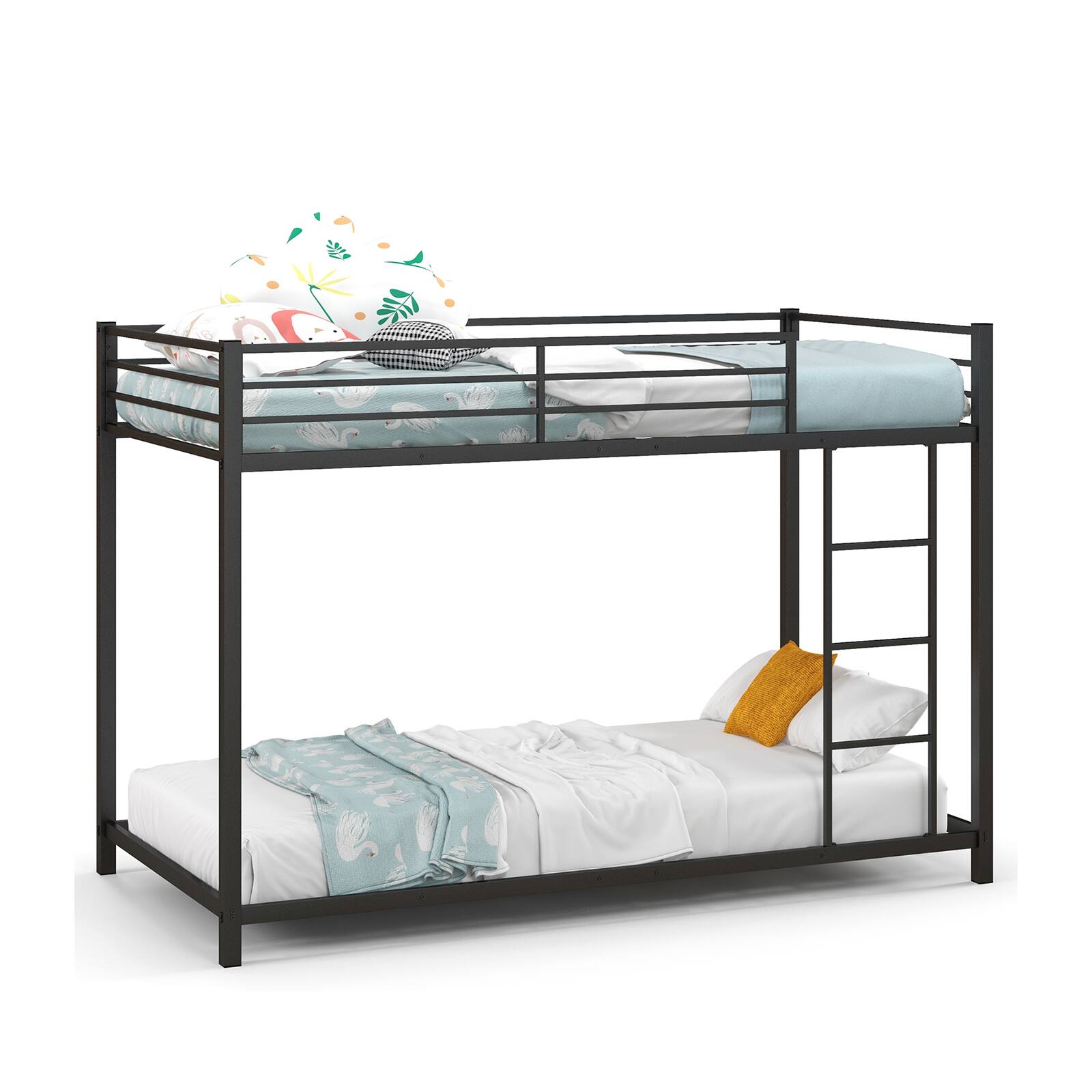 Front. Ecooso - Low Profile Twin Over Twin Metal Bunk Bed with Guardrails - Black.
