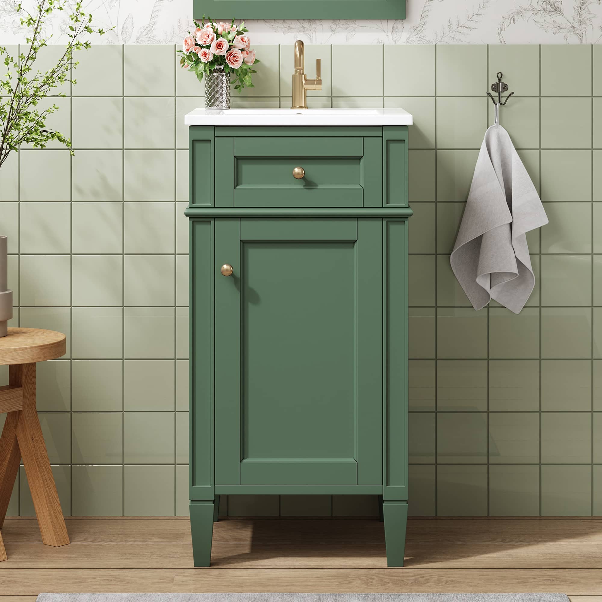 JUJABU - 16-inch Freestanding Bathroom Vanity with Ceramic Sink and Adjustable Shelf - Green price history on PriceWatchPro
