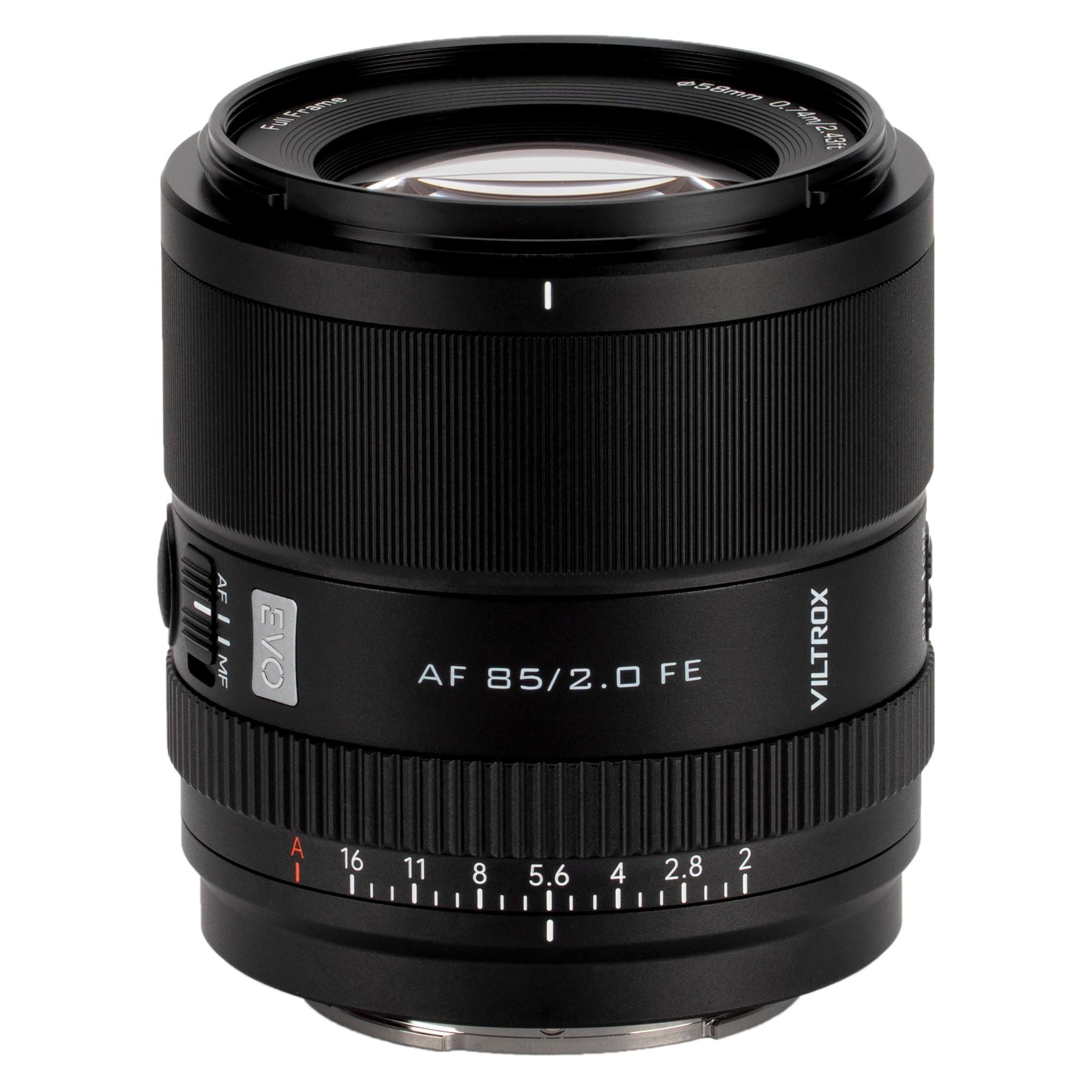 Full Frame  
$58mm 0.74m/2.43/2  
AF MF  
EVO A |  
16  
AF 85/2.0 FE 11 8 5.6 4 2.8  
2 I  
VILTROX