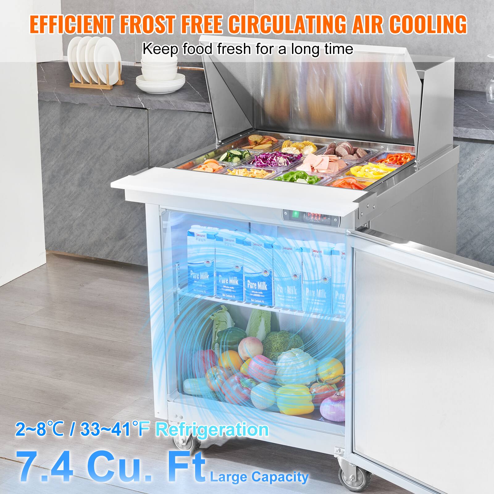 EFFICIENT FROST FREE CIRCULATING AIR COOLING  
Keep food fresh for a long time  

2~8°C / 33~41°F Refrigeration  
7.4 Cu. Ft Large Capacity