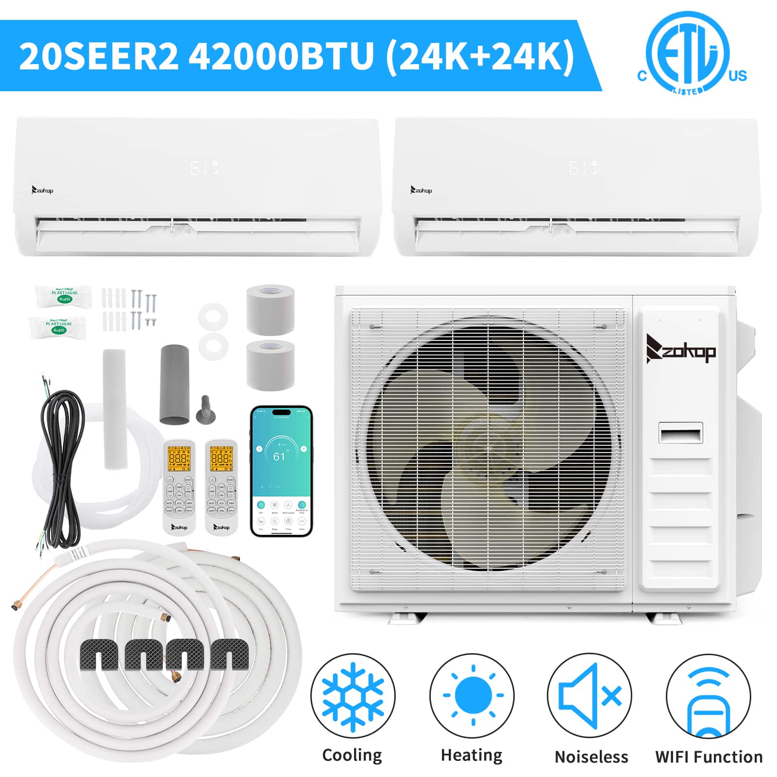 Winado - 42000 BTU Wifi 2 Zone 24000+24000 AC Ductless Mini Split Air Conditioner & Heat Pump 20 SEER2 w/24.6 Ft Copper Line Set - White