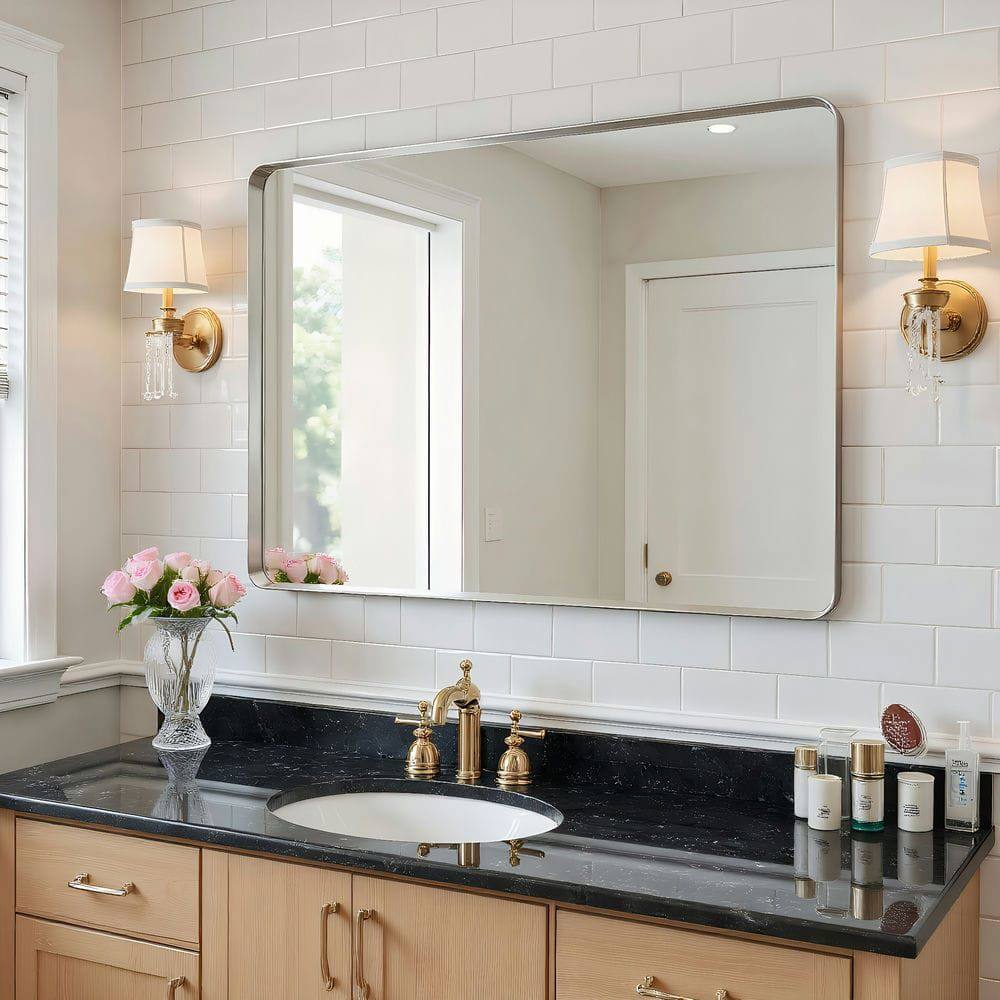 Alt View 7. Kadyn - 36x24 Inch Large Rectangle Wall Mirror with Rounded Corners and Silver Frame - Silver.