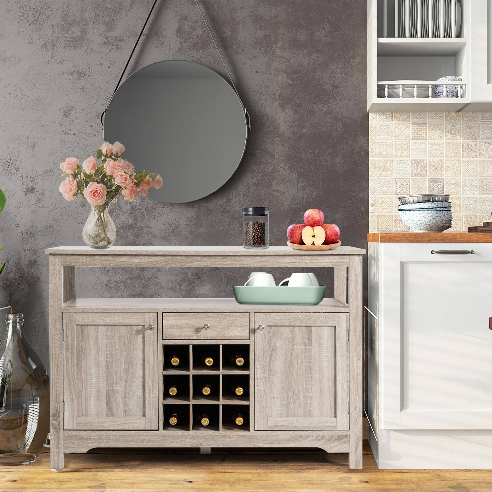 Alt View 2. SlickBlue - Modern Buffet Sideboard with Wine Rack and Open Shelf for Dining Room - Grey.