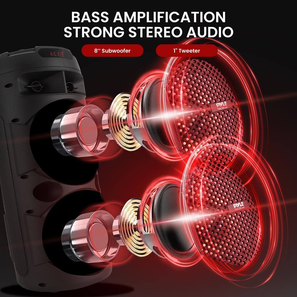 BASS AMPLIFICATION  
STRONG STEREO AUDIO  

8" Subwoofer  
1" Tweeter  

PYLE PAASP