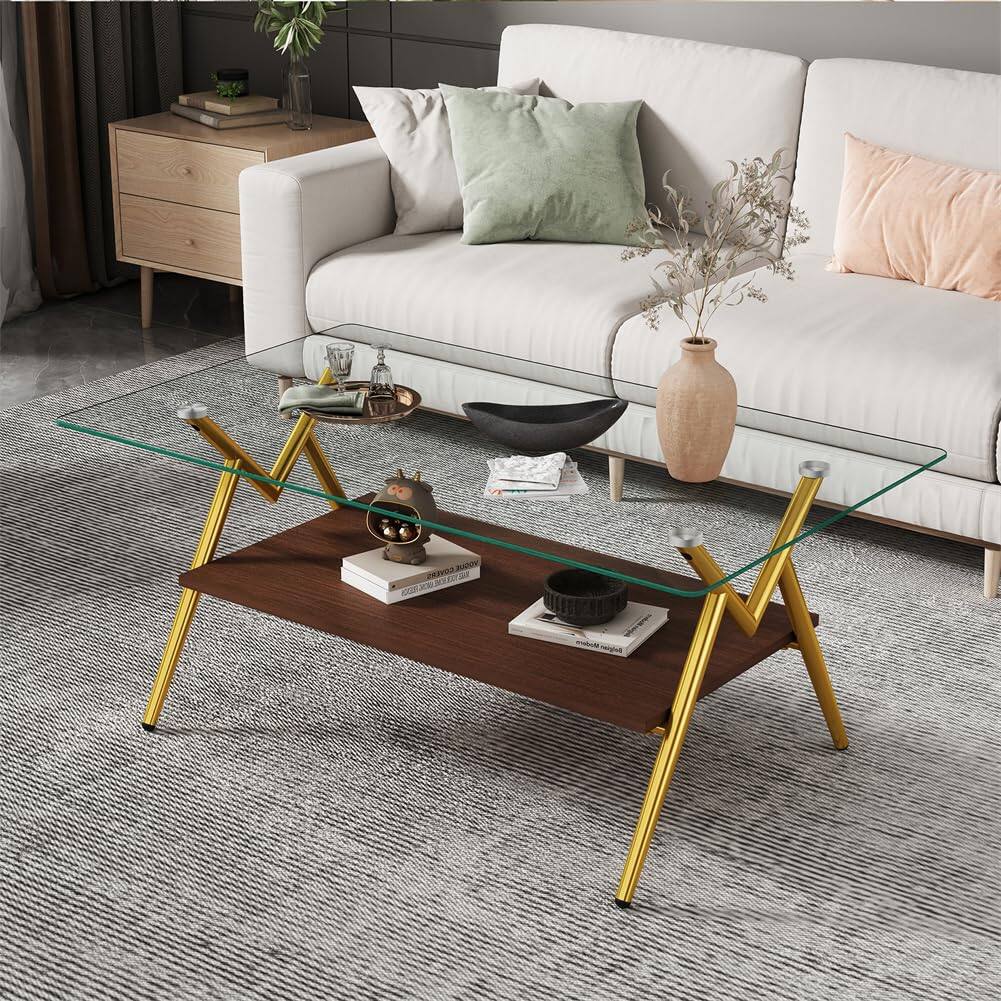 Alt View 1. Ecooso - Rectangle Coffee Table with Tempered Glass top and Golden Metal Legs, Modern Table for Living Room , Transparent Glass - Transparent.