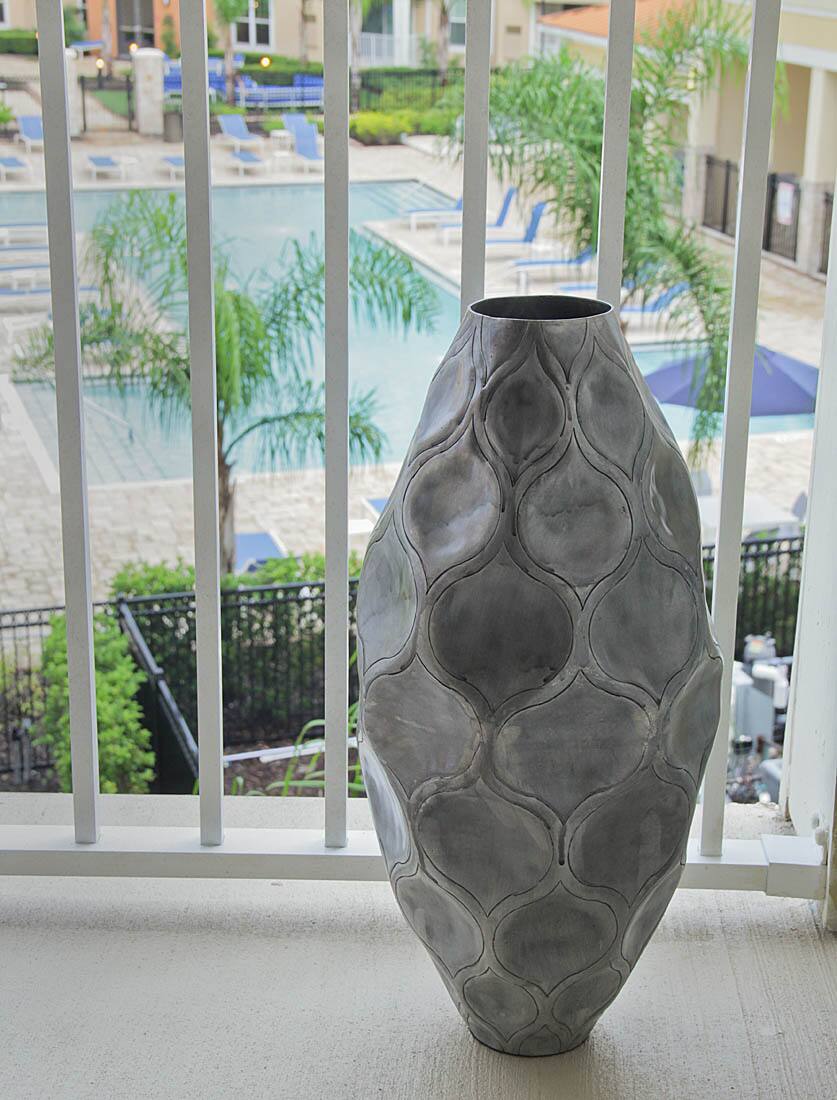 Alt View 3. India House Brass - Antique Silver Finish Trellis Pattern Oval Aluminum Vase - Silver.