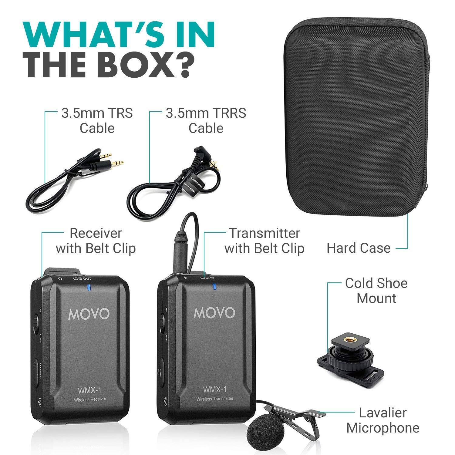 WHAT'S IN THE BOX?

- 3.5mm TRS Cable
- 3.5mm TRRS Cable
- Receiver with Belt Clip
- Transmitter with Belt Clip
- Hard Case
- Cold Shoe Mount
- Lavalier Microphone

WMX-1 Wireless Receiver
WMX-1 Wireless Transmitter