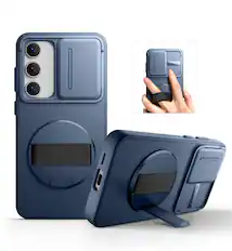 Front. SURITCH - Case for Samsung Galaxy S24 FE with 360° Rotatable Hand Strap, Invisible Kickstand,Slide Camera Cover, Rugged Shockproof - Deep Blue.