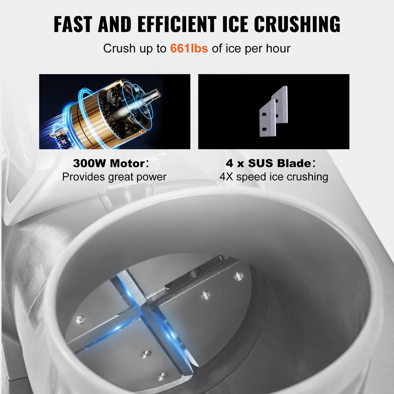 FAST AND EFFICIENT ICE CRUSHING
Crush up to 661lbs of ice per hour
300W Motor: Provides great power
4 x SUS Blade: 4X speed ice crushing