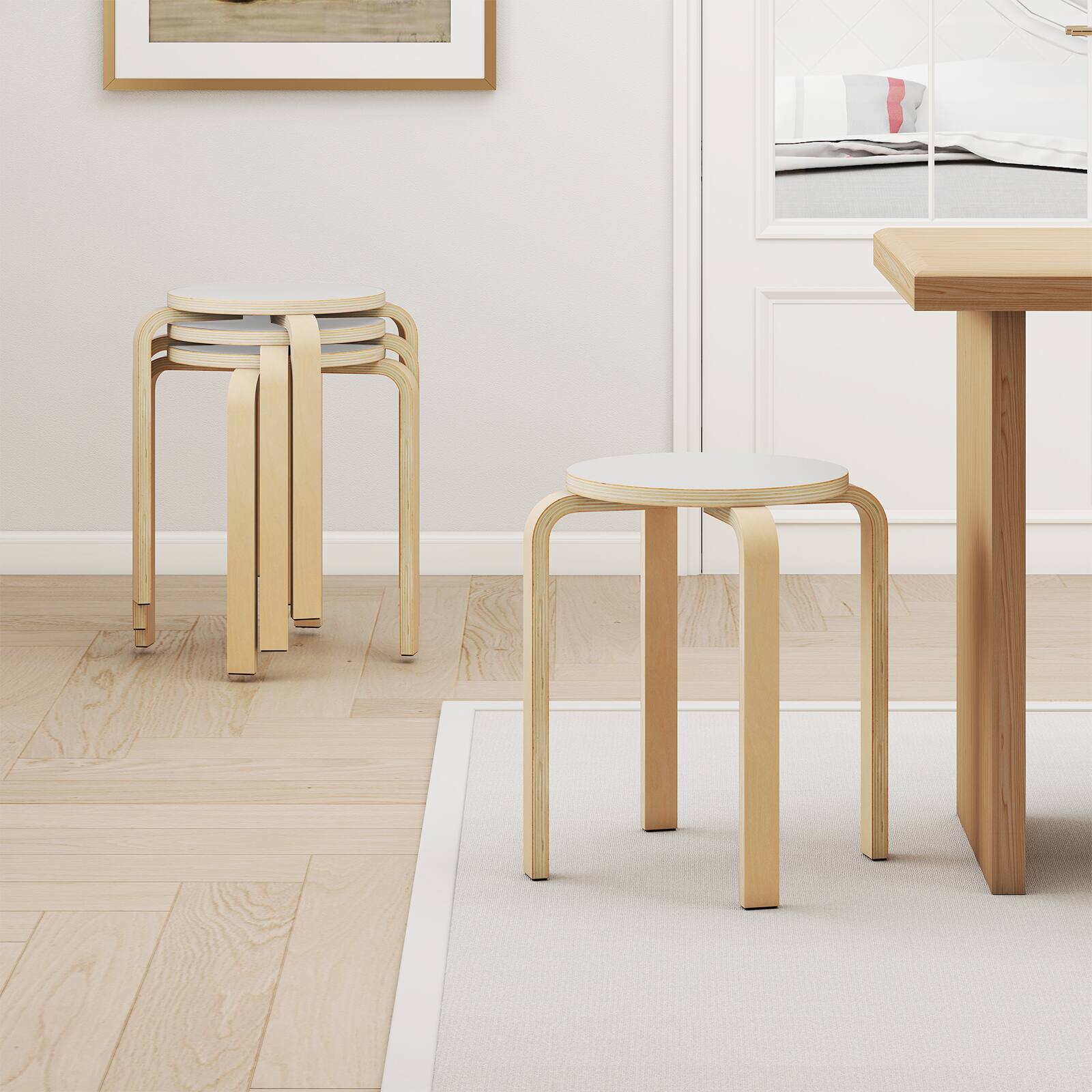 Alt View 4. Costway - Costway Set of 4 18" Stacking Stool Round Dining Chair Backless Wood Home Decor - White.