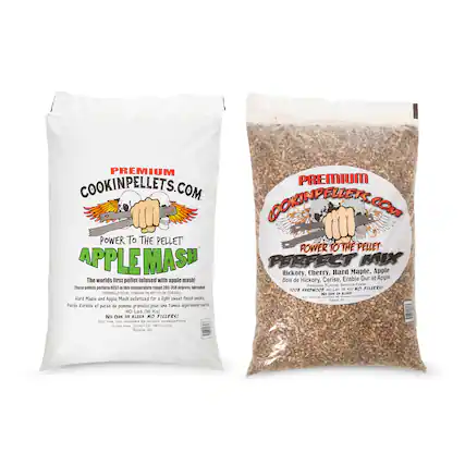 PREMIUM COOKINPELLETS.COM
POWER TO THE PELLET
APPLE MASH
The world's first pellet infused with apple mash! These pellets perform best in temperature range 200-350 degrees Fahrenheit. Hard Maple and Apple Mash pelletized for a light sweet finish smoke. Pure d'erable et pure de pomme granulés pour une fumée légèrement sucrée.
NO OAK OR ALDER NO FILLERS!
PREMIUM COOKINPELLETS.COM
POWER TO THE PELLET
PERFECT MIX
Hickory, Cherry, Hard Maple, Apple
Bois de Hickory, Cerise, Erable Dur et Apple
AWESOME FLAVOR, SMOOTH SMOKE
100% HARDWOOD
NO OAK OR ALDER NO FILLERS!