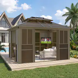 U-HOMY - Sunroom Gazebo with Double Roof, Adjustable Windows & Lockable Sliding Doors, All-Weather Solarium for Patio - 10' x 12'