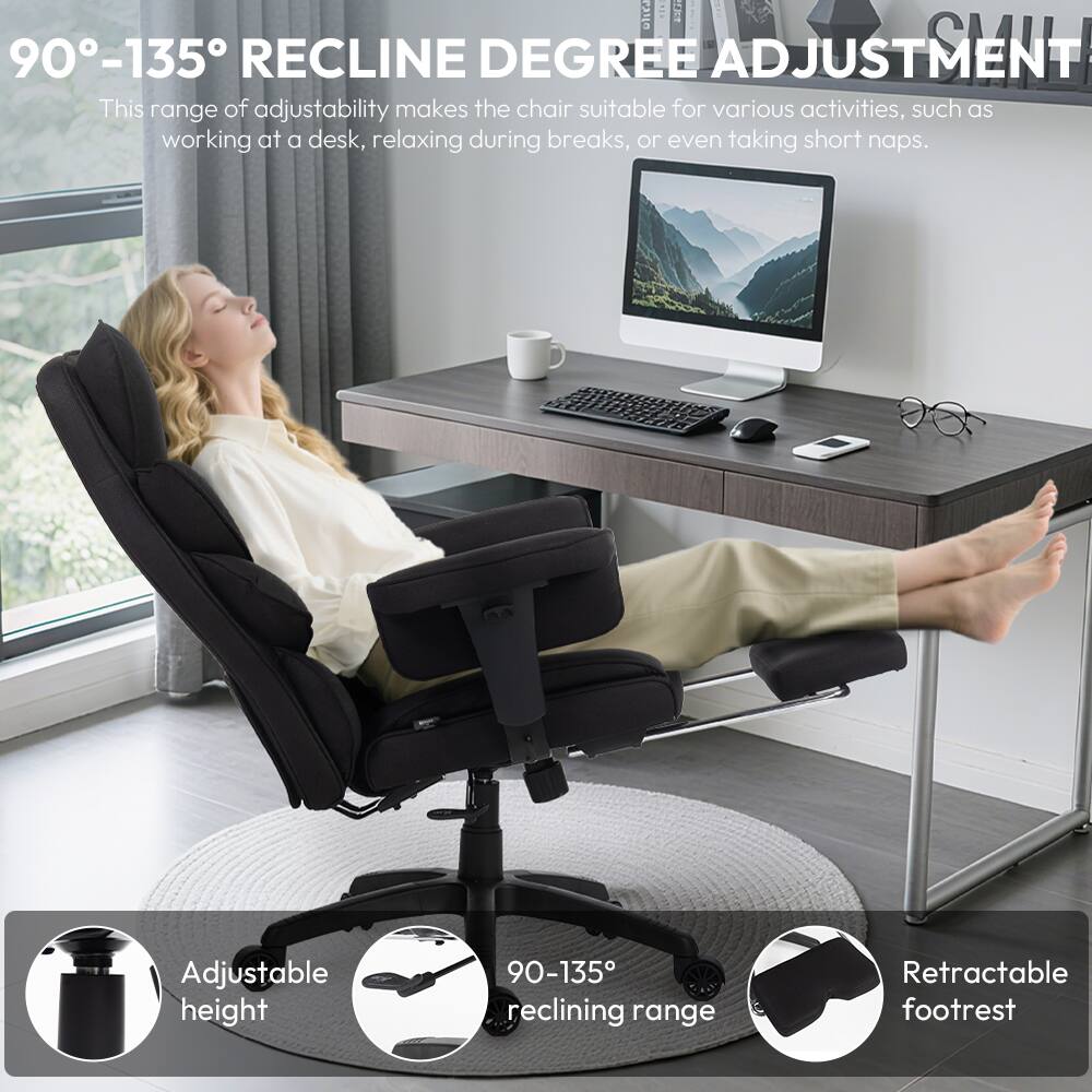 90°-135° RECLINE DEGREE ADJUSTMENT

This range of adjustability makes the chair suitable for various activities, such as working at a desk, relaxing during breaks, or even taking short naps.

- Adjustable height
- 90°-135° reclining range
- Retractable footrest