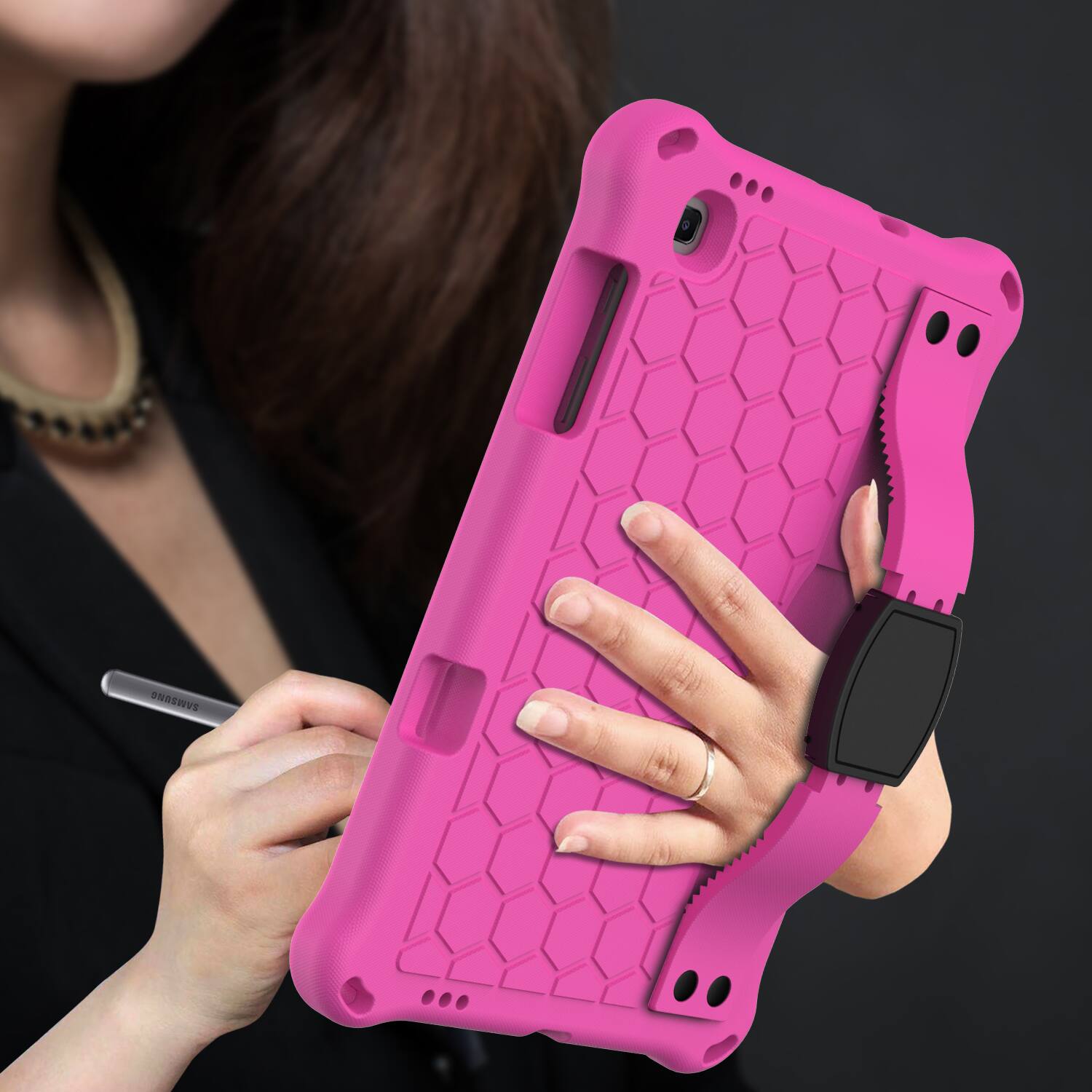 Alt View 1. Dteck - Silicone Case for Samsung Galaxy Tab S6 Lite 10.4 Inch (2020-2024), with Hand Strap and Shoulder Strap - Rose + Black.