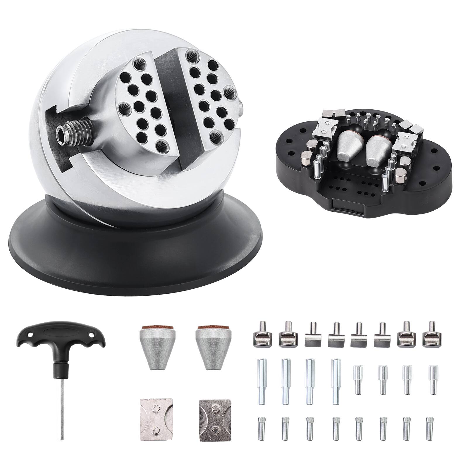 Front. VEVOR - Ball Vise, 3" Engraving Setting Tool, 360° Rotation Engraving Block Vise, 30 PCS Attachment Jewelry Engraving Block - Black;Silver.