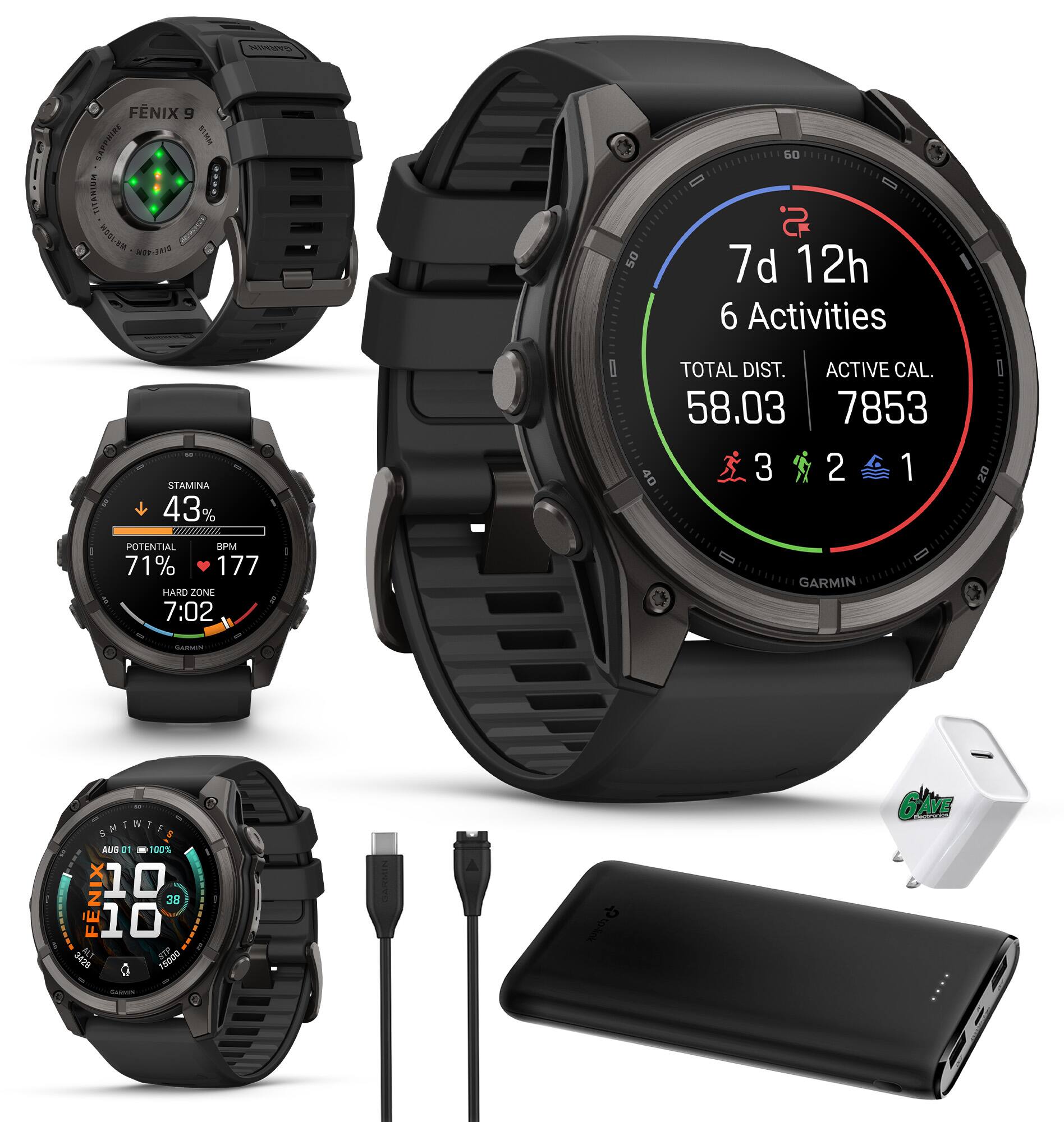 GARMIN  
FENIX 9 SAPPHIRE 51MM TITANIUM  
09-3810  
50  
60  
7d 12h  
6 Activities  
STAMINA 43% ////////////// POTENTIAL BPM 71% 177  
HARD ZONE 7:02  
TOTAL DIST. ACTIVE CAL. 58.03 7853  
40 3 2 1 0  
GARMIN  
20  
GalseN  
SHTWTF AUS 01 .. 100% 10 FENIX 38 10 3428 ALT dis 15000 G Sunce  
6'AINE