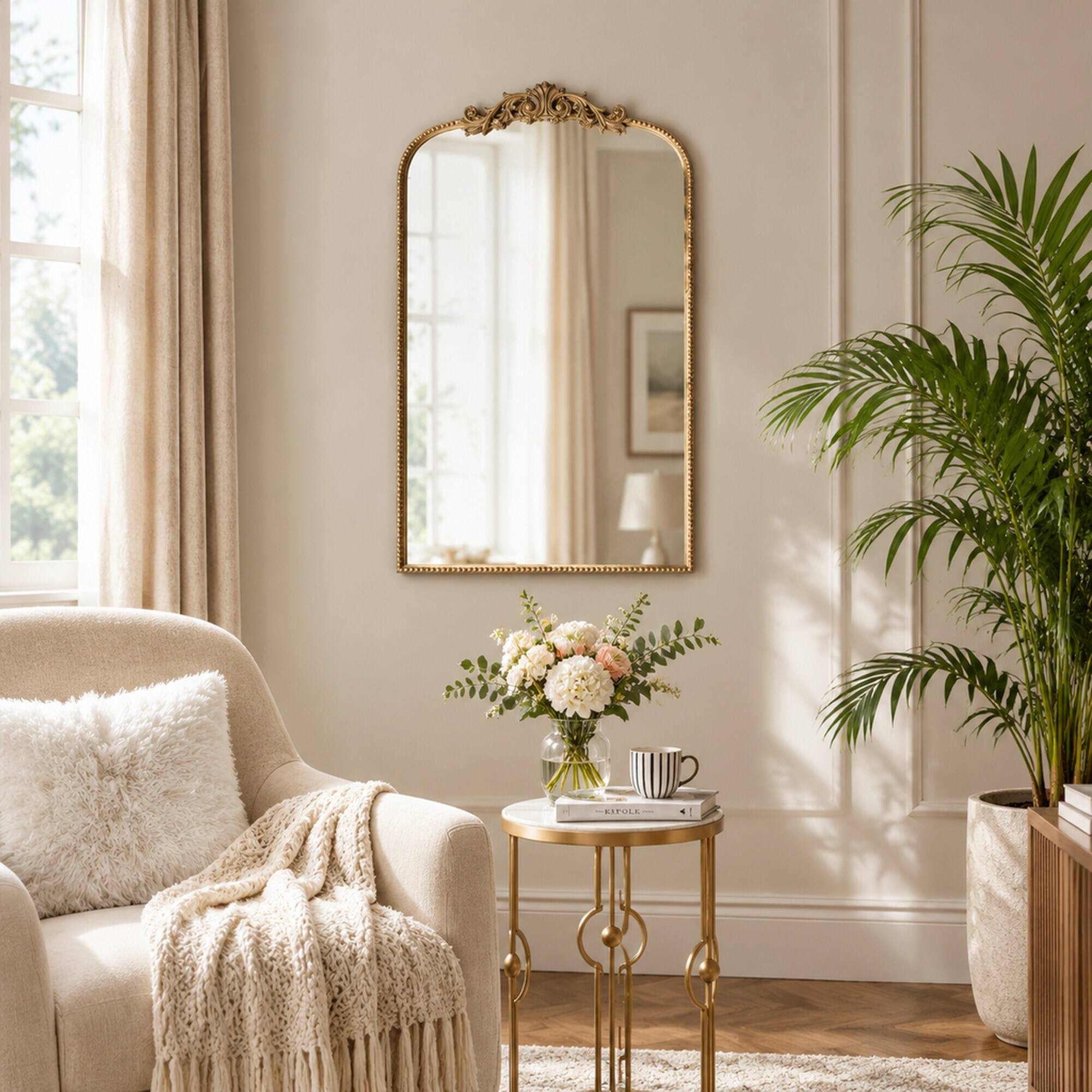 Alt View 1. RYHNUYNE - 24 x 42 Inch Gold Arch Wall Mirror, Baroque Floral Metal Frame, Vertical Hanging, Bathroom Bedroom Living Room Decor - Gold.