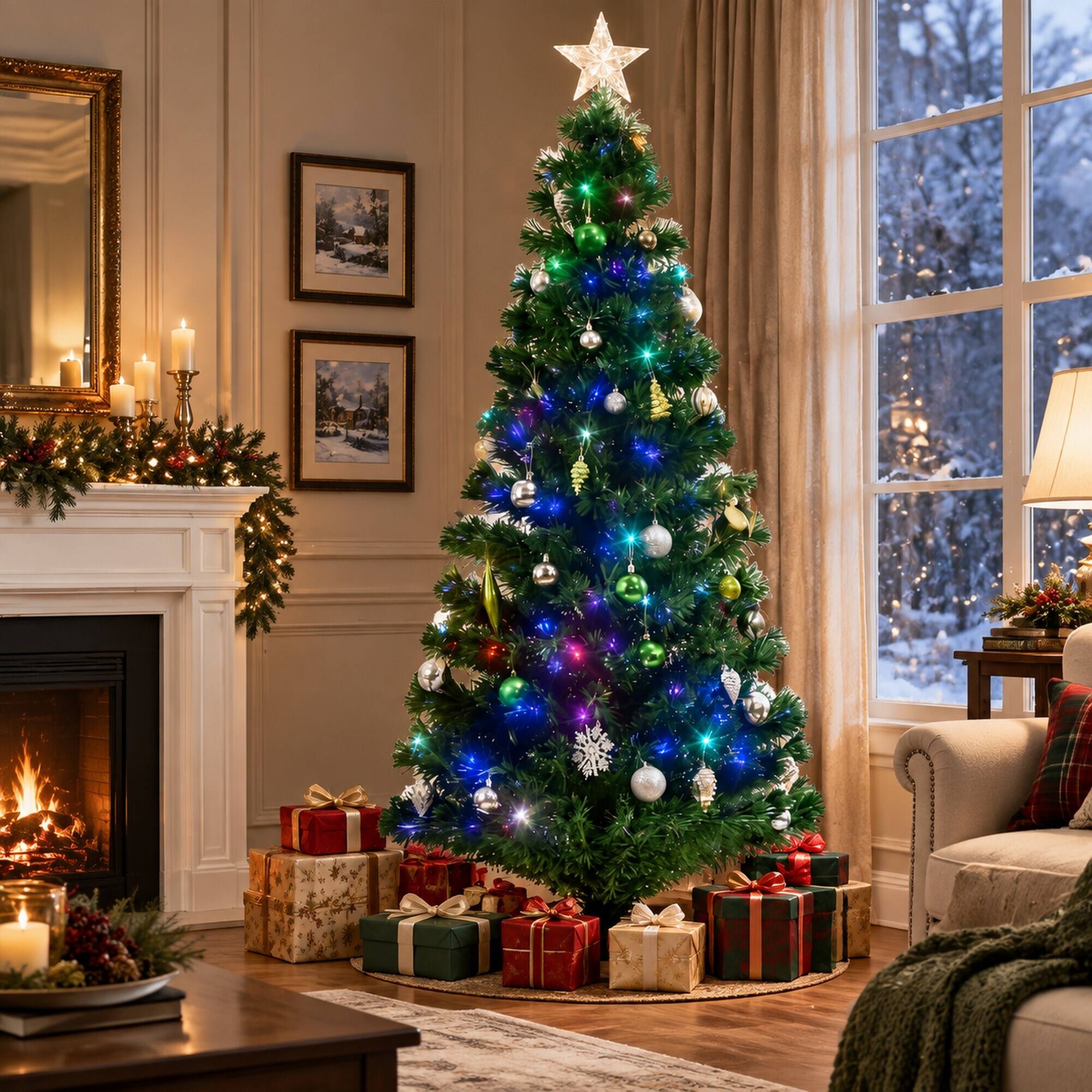 Left. RYHNUYNE - 6FT Pre-Lit Douglas Fir Christmas Tree With Realistic Branches and Warm LED Lights - Green.