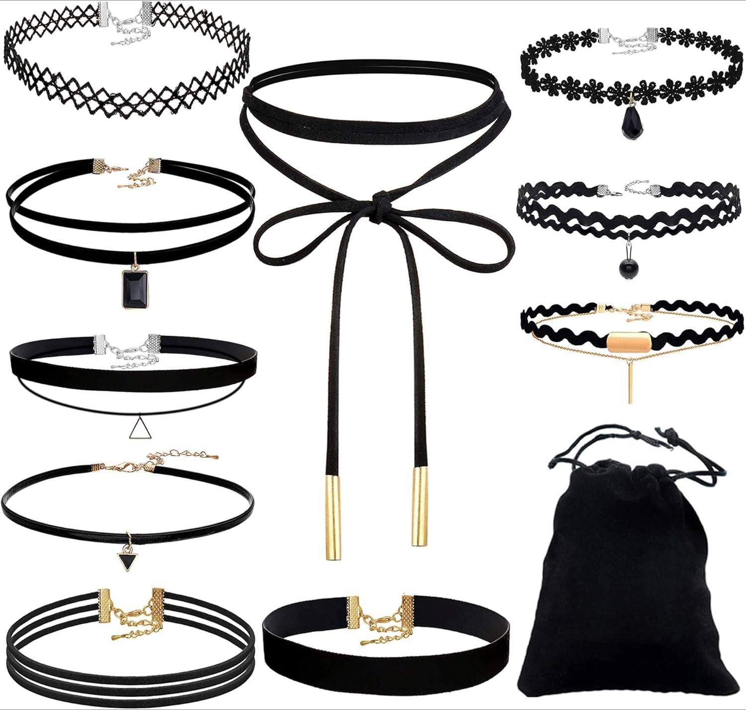 Front. Live At Space - 10PCS Black Velvet Choker Necklaces with A Stroage Bag for Women - PAXCOO 10PCS Black Velvet Choker Necklaces with A.