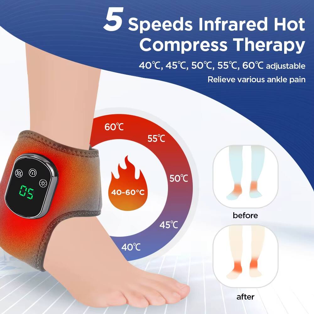 5 Speeds Infrared Hot Compress Therapy  
40°C, 45°C, 50°C, 55°C, 60°C adjustable  
Relieve various ankle pain  

40°C  
45°C  
50°C  
55°C  
60°C  

40~60°C  

before  
after