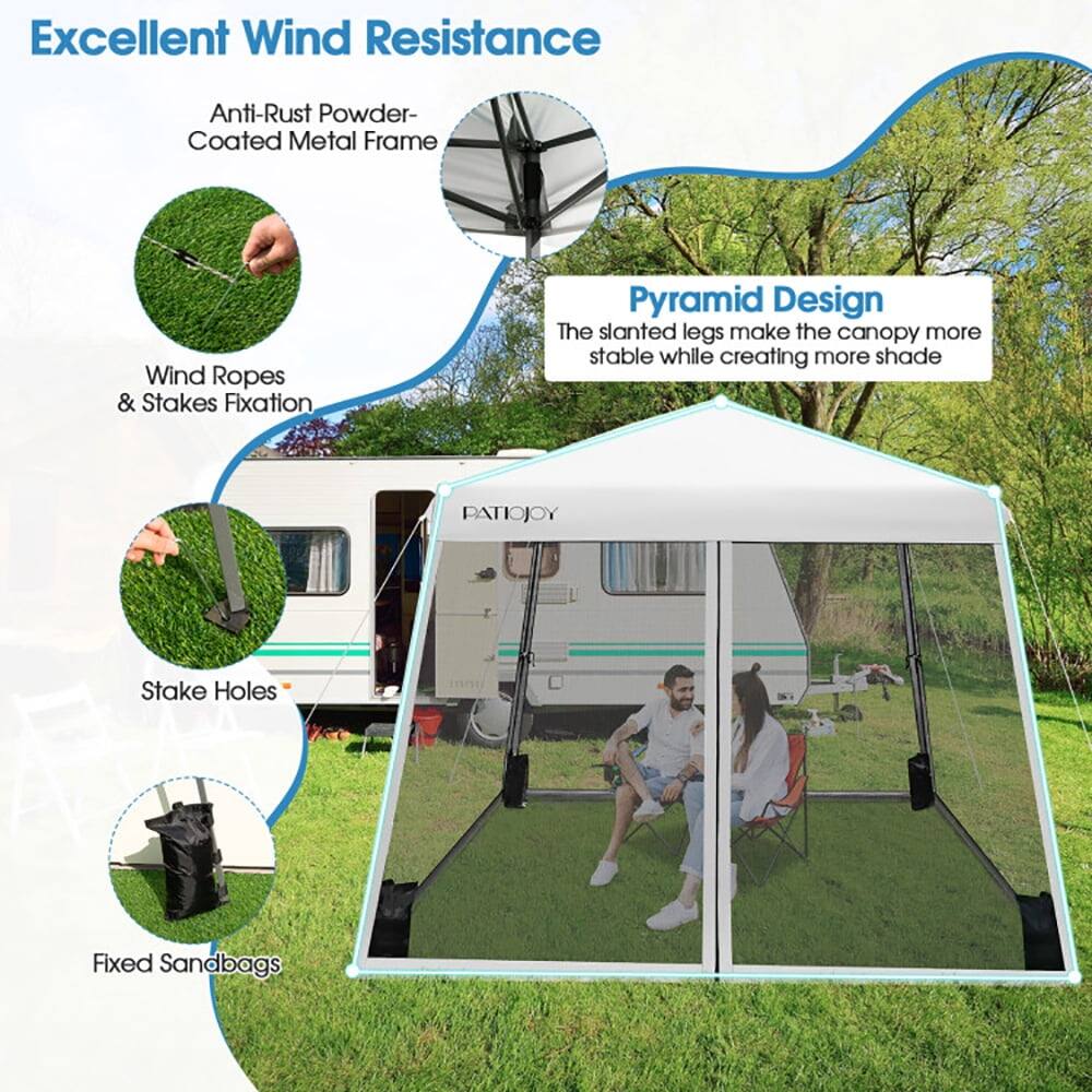 Excellent Wind Resistance  
Anti-Rust Powder-Coated Metal Frame  
Wind Ropes & Stakes Fixation  
Pyramid Design  
The slanted legs make the canopy more stable while creating more shade  
Stake Holes  
Fixed Sandbags