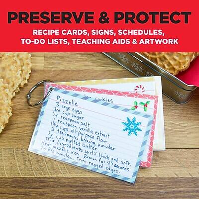 PRESERVE & PROTECT RECIPE CARDS, SIGNS, SCHEDULES, TO-DO LISTS, TEACHING AIDS & ARTWORK

Pizzelle cookies
3 3/4 large eggs
1/4 cup sugar
1 3/4 teaspoon salt
2 teaspoons vanilla extract
2 cups all-purpose flour
1/2 cup melted butter
1/2 cup baking powder
Heat ingredients to 212 degrees. Mix until thick and soft. Brown for 45 seconds. Trim ragged edges.
