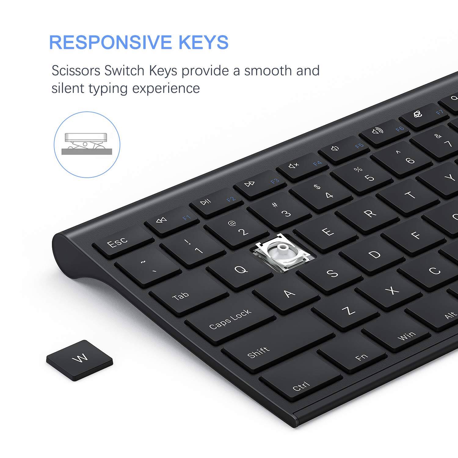 RESPONSIVE KEYS  
Scissors Switch Keys provide a smooth and silent typing experience  

F7 O W Esc  
F6 - FB & B  
F5 7 A  
F4 6 %  
F3 5 Y $  
F2 4 T  
F1 3 R C  
2 E 7 ! 1 O D  
Q S C Tab A X Lock Z  
Alt Caps Win Shift Fn Ctrl