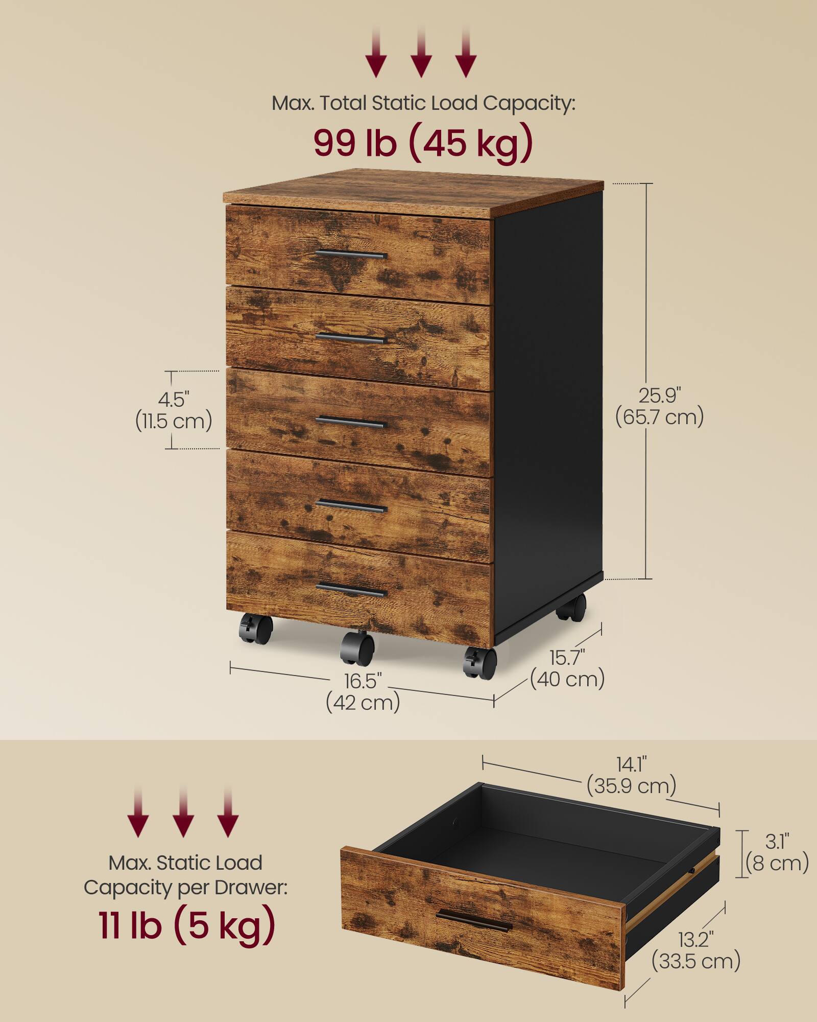 Max. Total Static Load Capacity: 99 lb (45 kg)  
4.5" (11.5 cm)  
25.9" (65.7 cm)  
16.5" (42 cm)  
15.7" (40 cm)  

Max. Static Load Capacity per Drawer: 11 lb (5 kg)  
14.1" (35.9 cm)  
3.1" (8 cm)  
13.2" (33.5 cm)