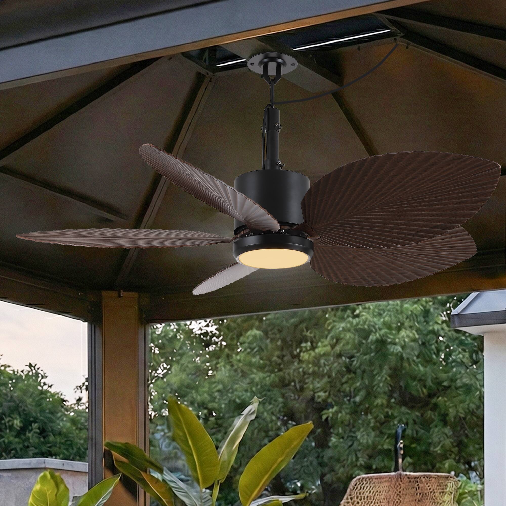 Parrot Uncle - 42" Tropical Palm Leaf Waterproof Outdoor Gazebo Ceiling Fan with Light, Hook Downrod - Black
