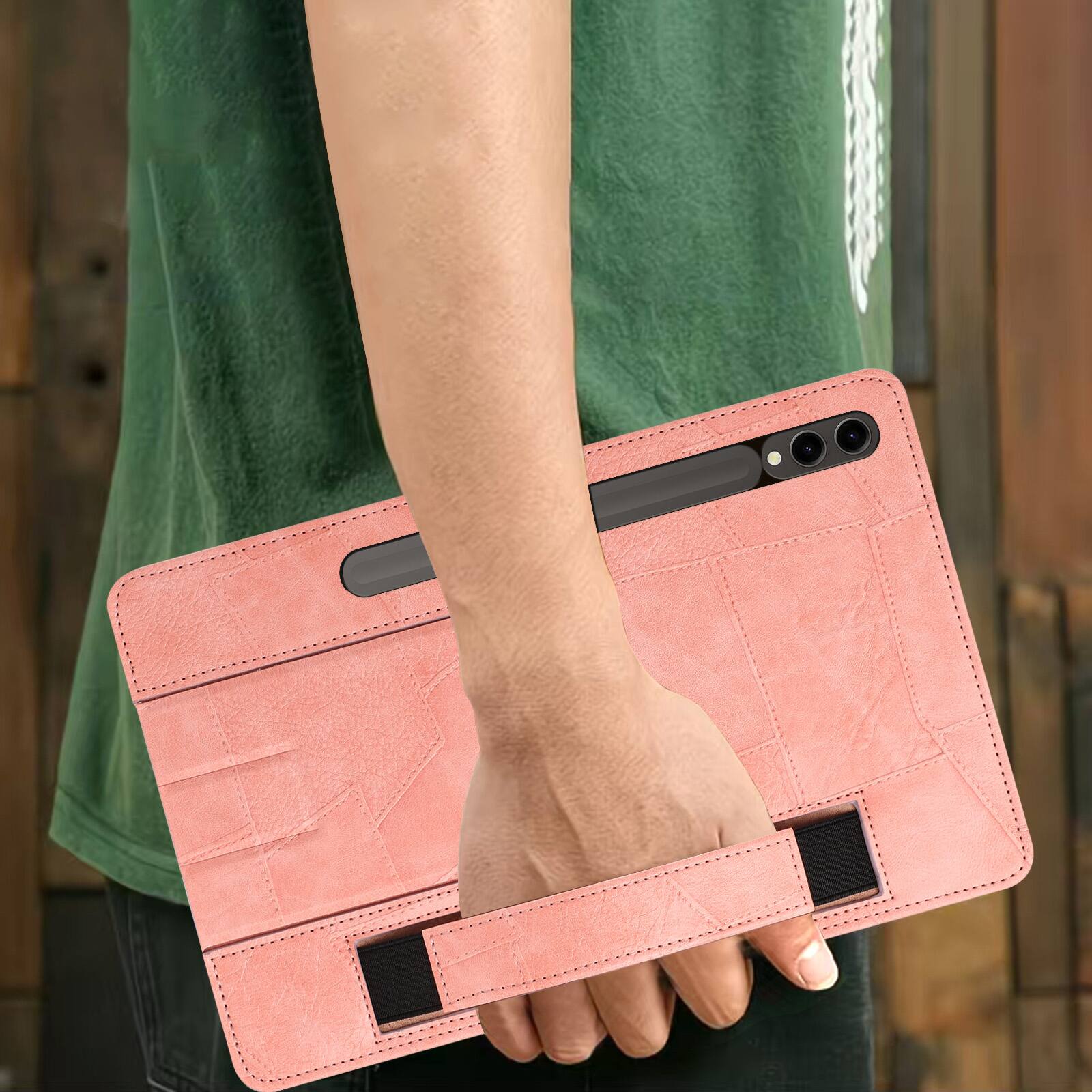 Alt View 1. Dteck - Leather Texture Case for Samsung Galaxy Tab S10 FE+, Shockproof Cover with Multi-Angle Stand and Secure Hand Strap - Pink.