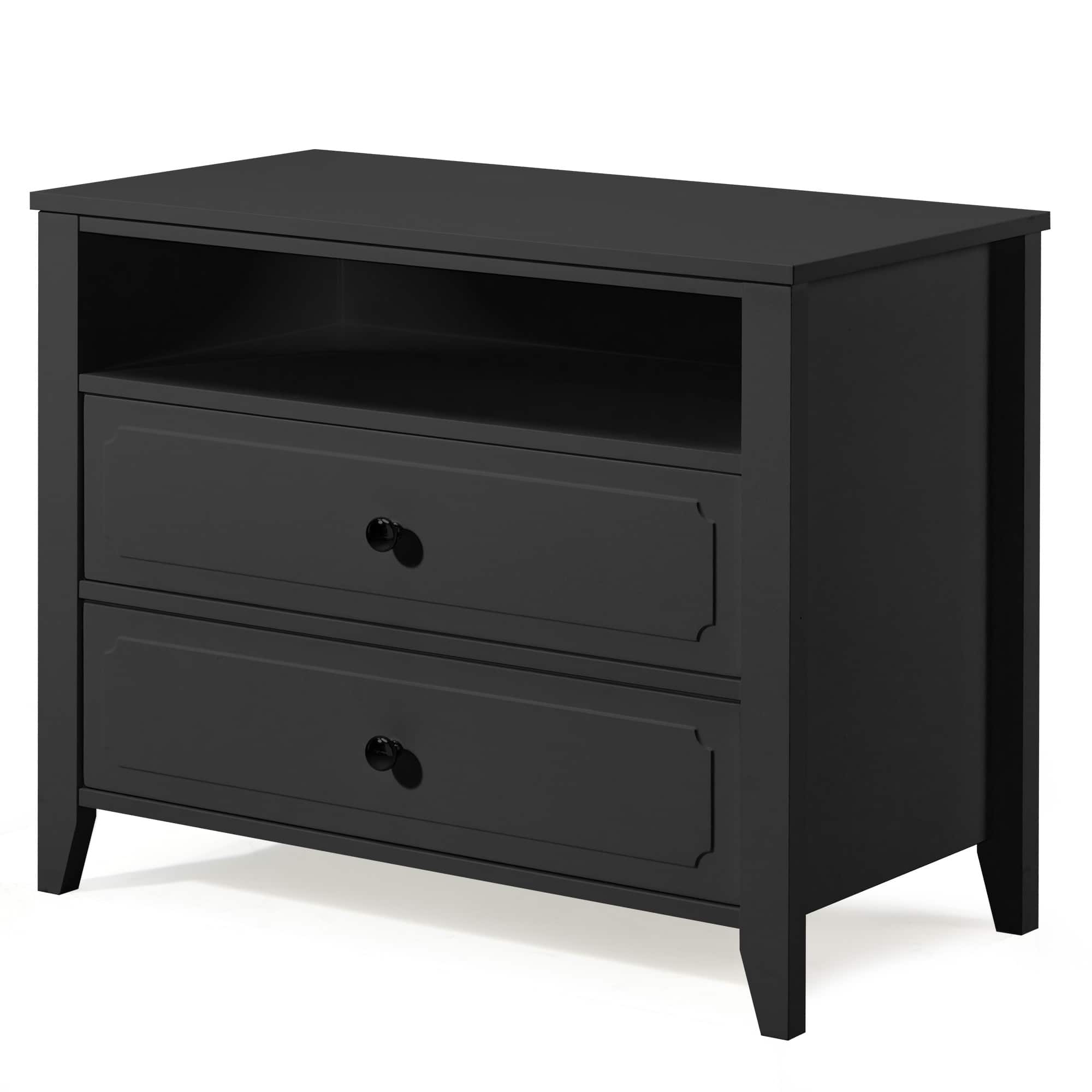 U-HOMY - Modern 2-Drawer Nightstand with Open Shelf, Wide Bedside Table with Solid Wood Legs for Bedroom Storage - Black