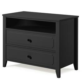 U-HOMY - Modern 2-Drawer Nightstand with Open Shelf, Wide Bedside Table with Solid Wood Legs for Bedroom Storage - Black