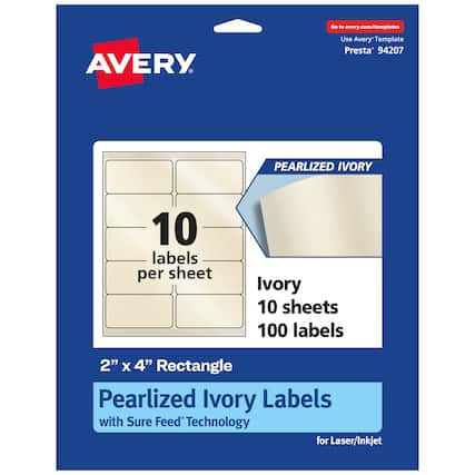 Go to avery.com/templates
AVERY
Use Avery Template Presta* 94207
PEARLIZED IVORY
10 labels per sheet
Ivory 10 sheets 100 labels
2" x 4" Rectangle
Pearlized Ivory Labels with Sure Feed Technology for Laser/Inkjet
