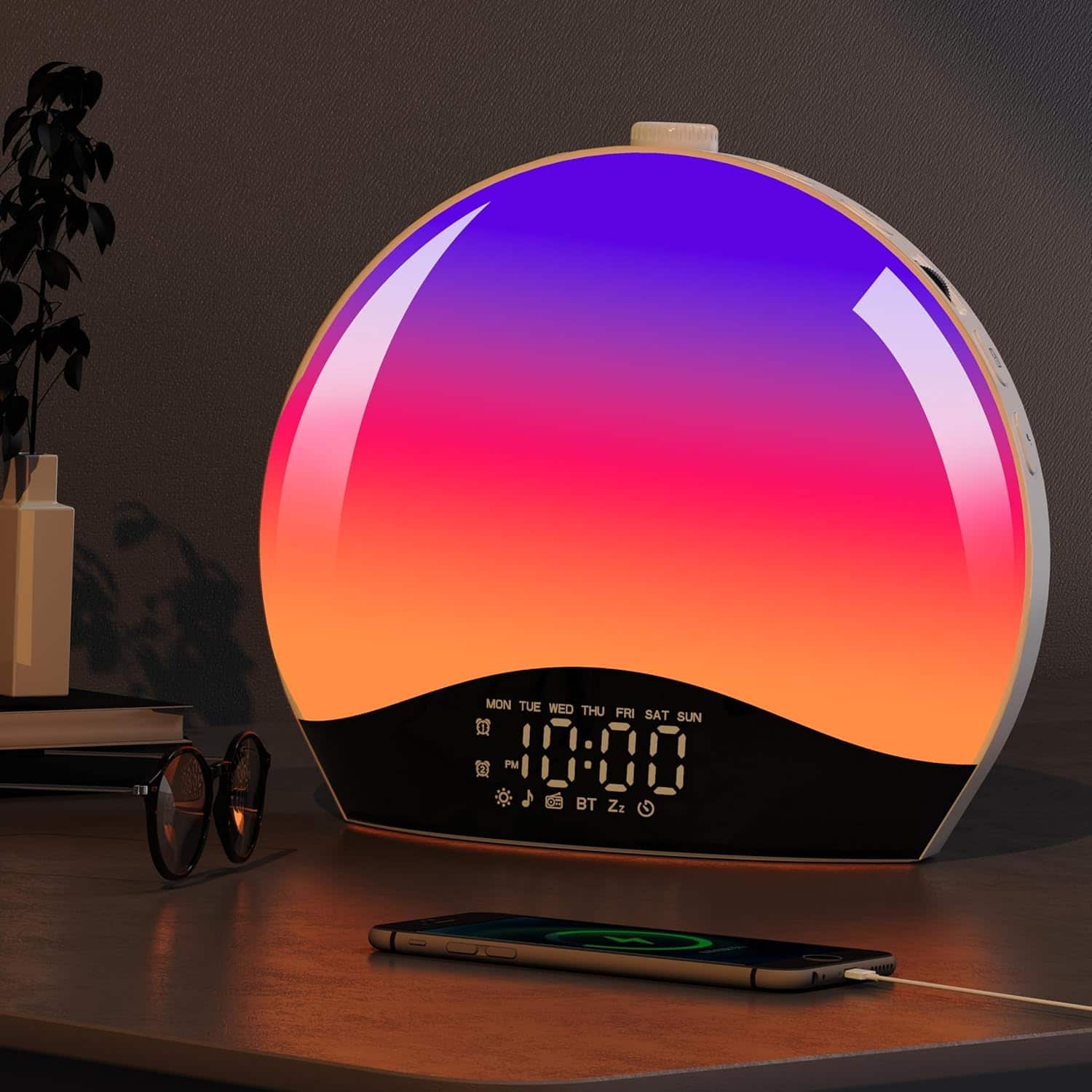 Wikistore - Sunrise Alarm Clock Wake Up Light with Bluetooth Speaker 22 Soothing Sounds 17 Color Night Lights Dual Alarm for Kids - Black