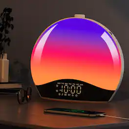 Wikistore - Sunrise Alarm Clock Wake Up Light with Bluetooth Speaker 22 Soothing Sounds 17 Color Night Lights Dual Alarm for Kids - Black