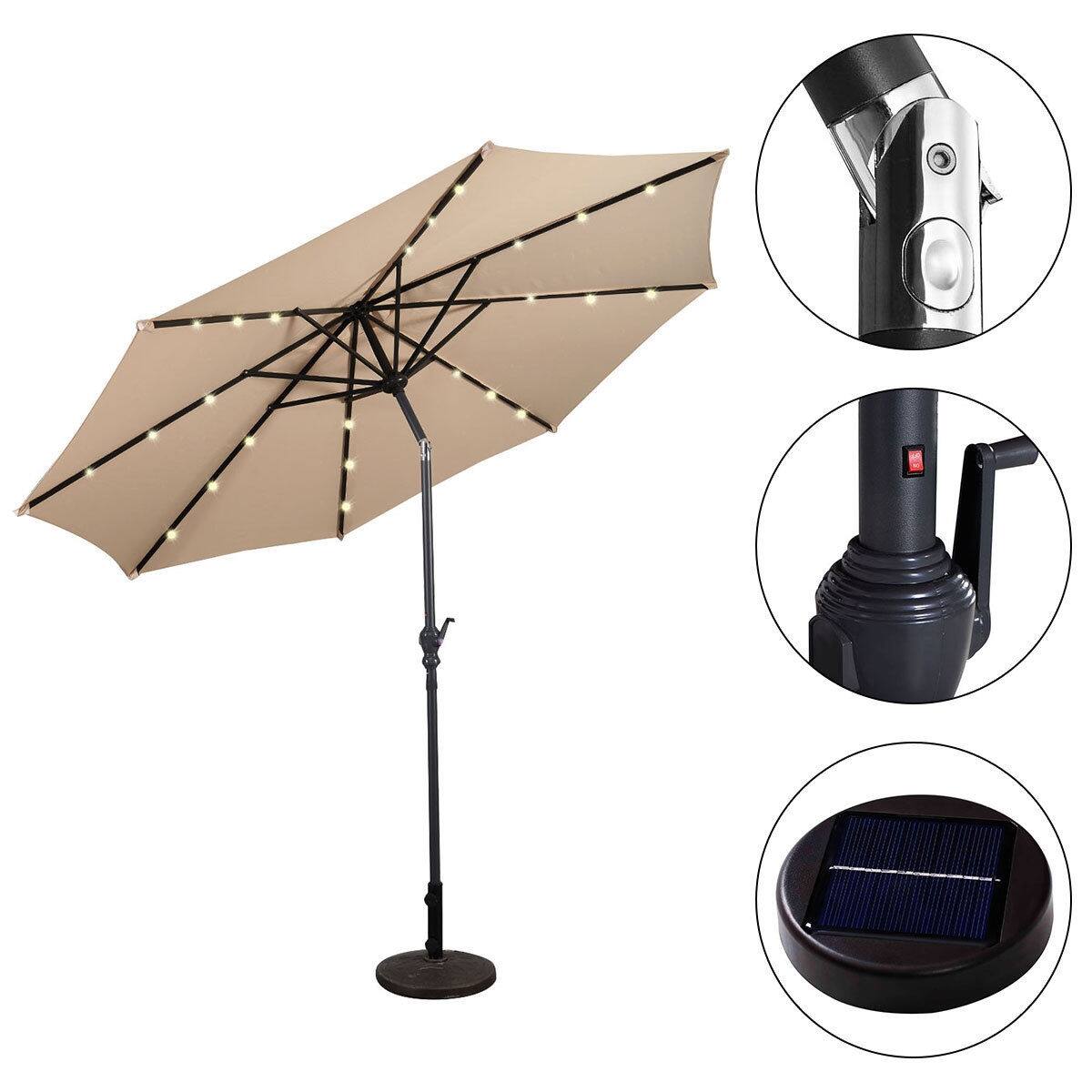 Back. WELLFOR - 10FT Patio Solar Umbrella with LED Lights and Crank Lift.